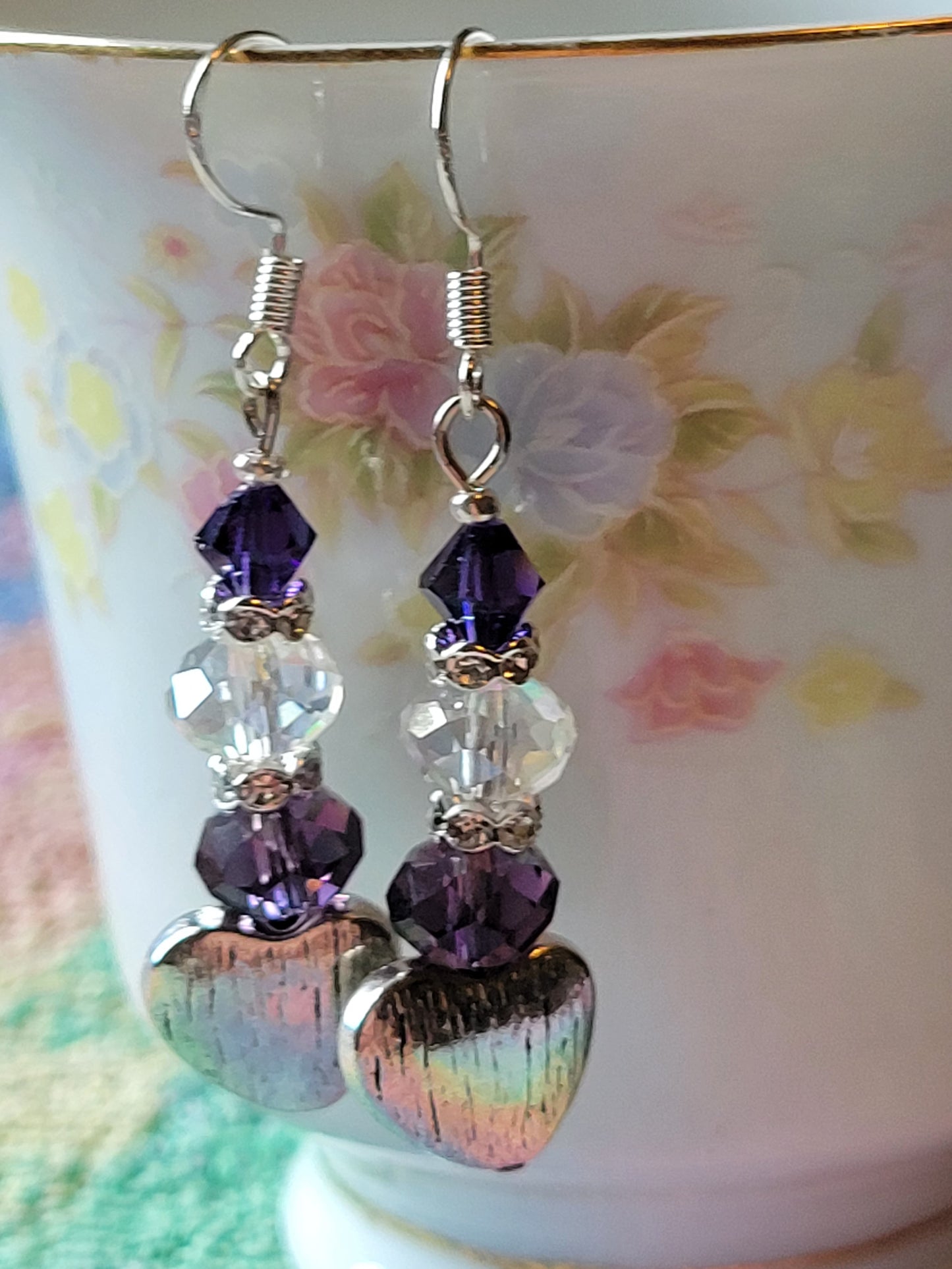 Artisan Elegant PURPLE Crystal Silver HEART Dangle Drop Earrings French Wire