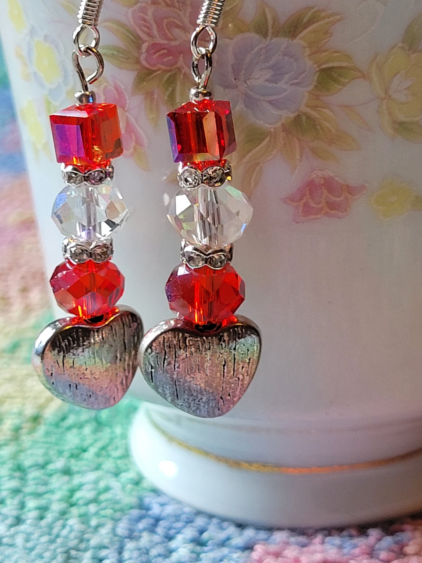 Artisan Elegant RED Crystal Silver HEART Dangle Drop Earrings French Wire