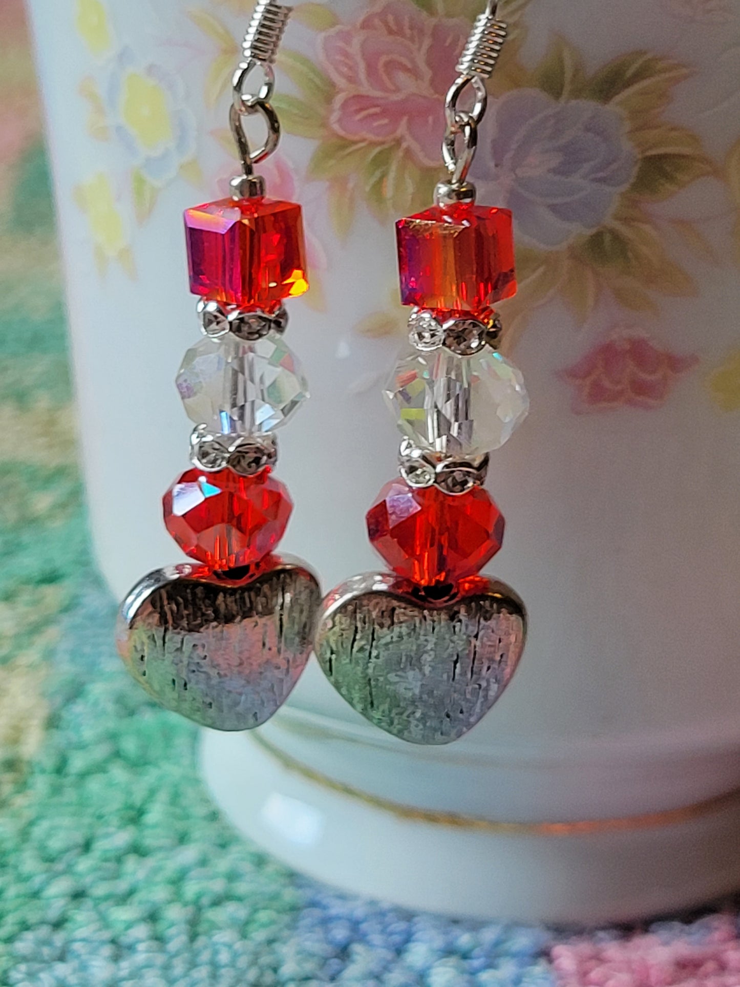 Artisan Elegant RED Crystal Silver HEART Dangle Drop Earrings French Wire