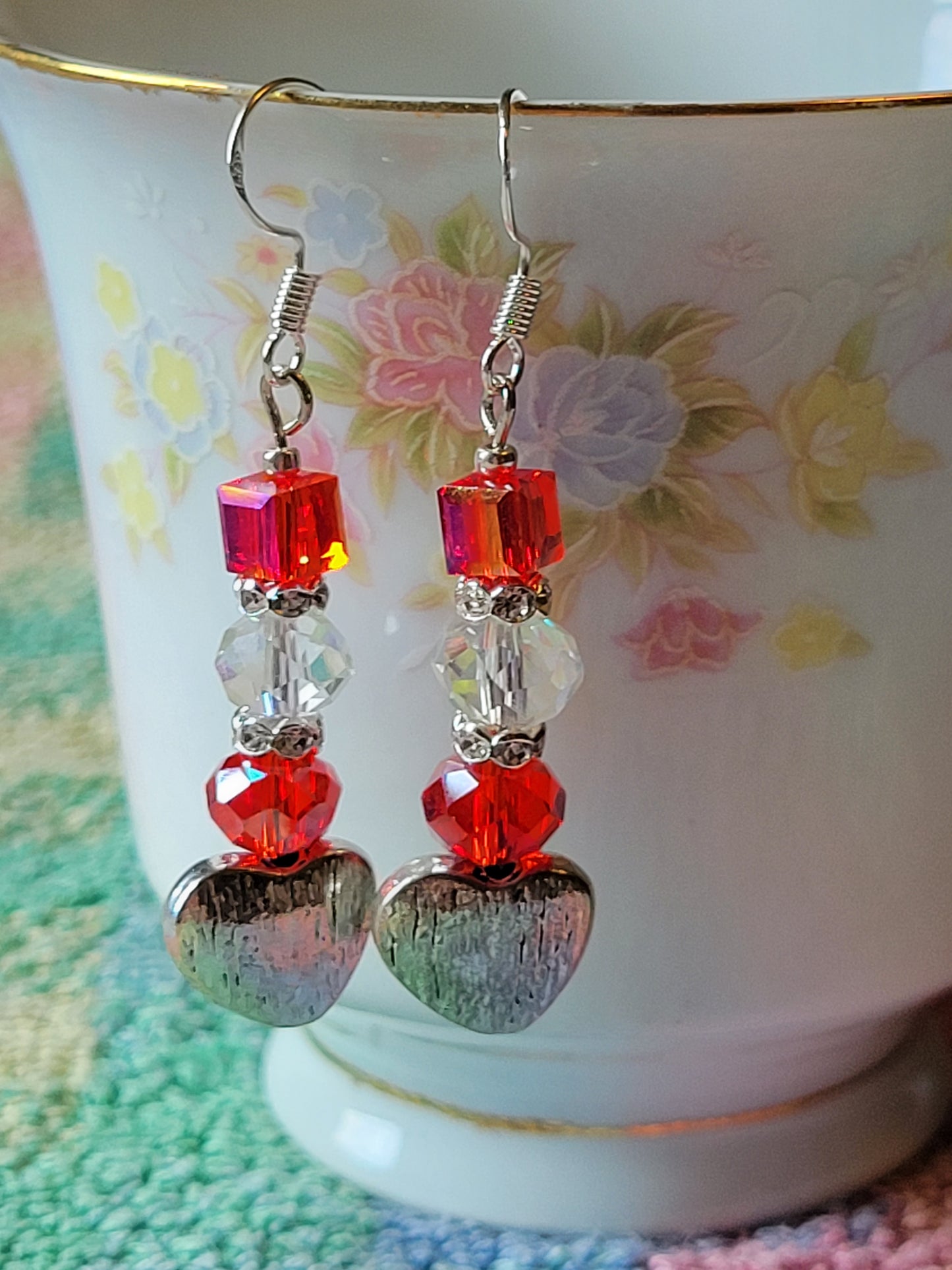 Artisan Elegant RED Crystal Silver HEART Dangle Drop Earrings French Wire