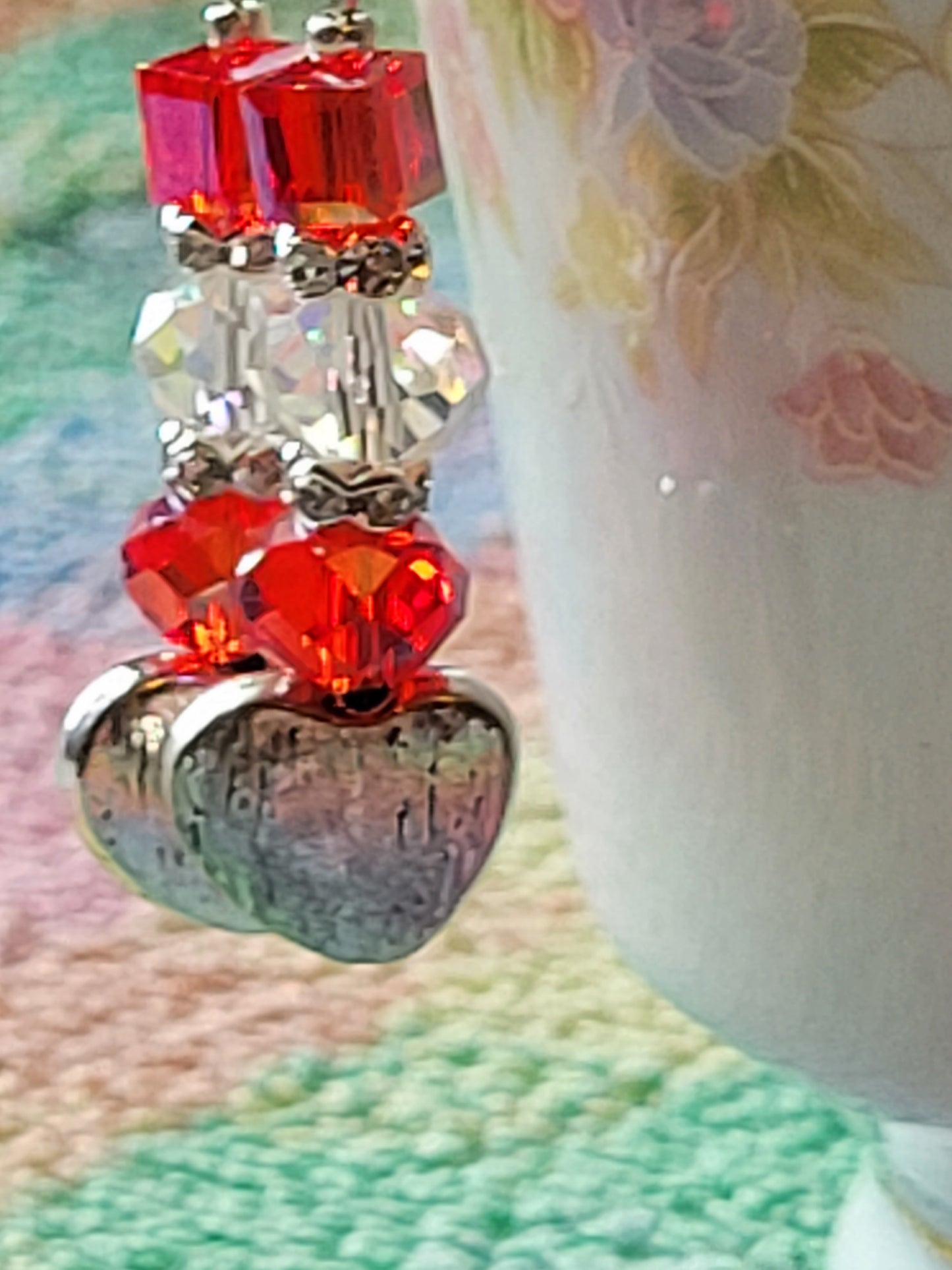 Artisan Elegant RED Crystal Silver HEART Dangle Drop Earrings French Wire