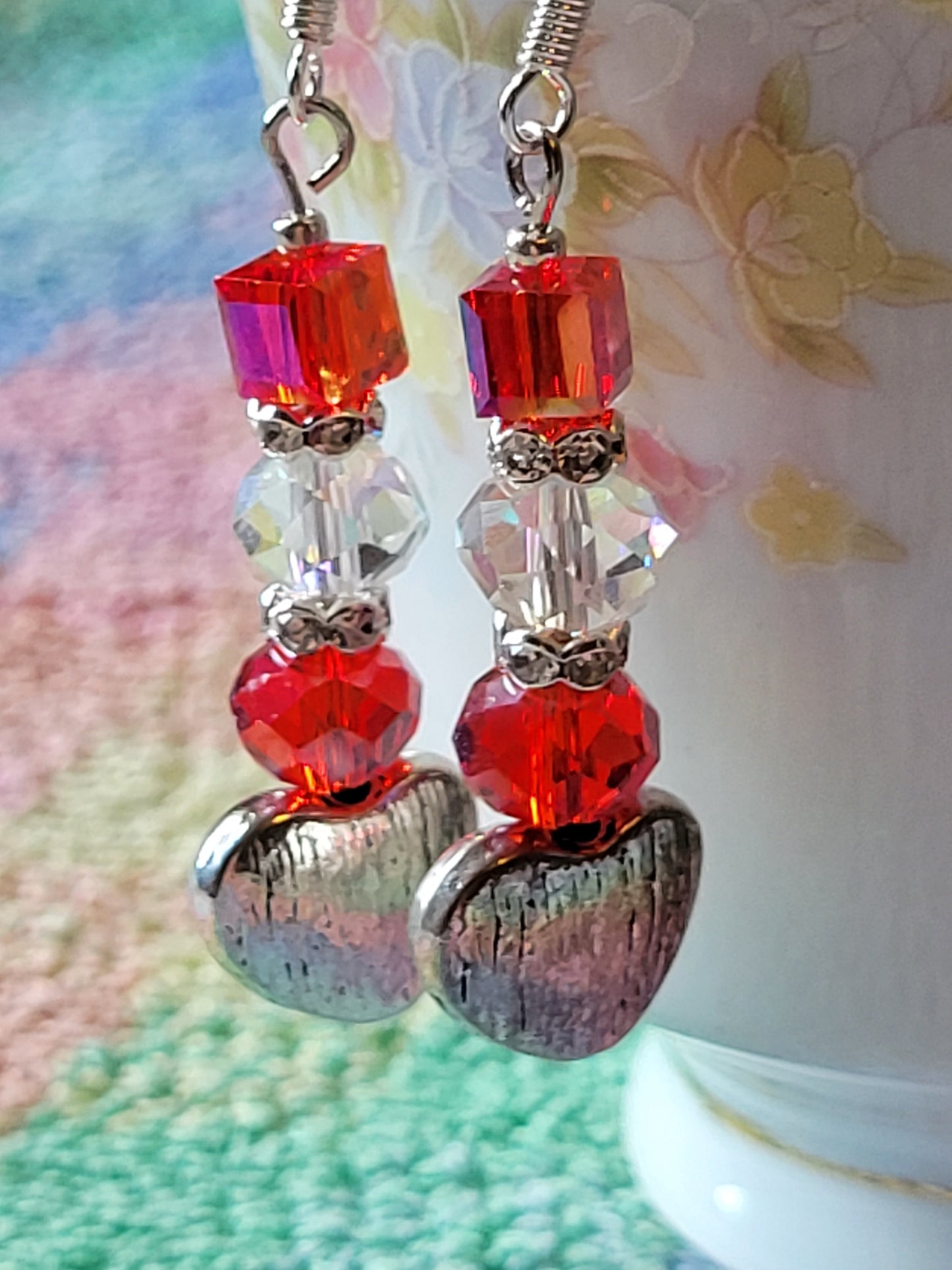 Artisan Elegant RED Crystal Silver HEART Dangle Drop Earrings French Wire