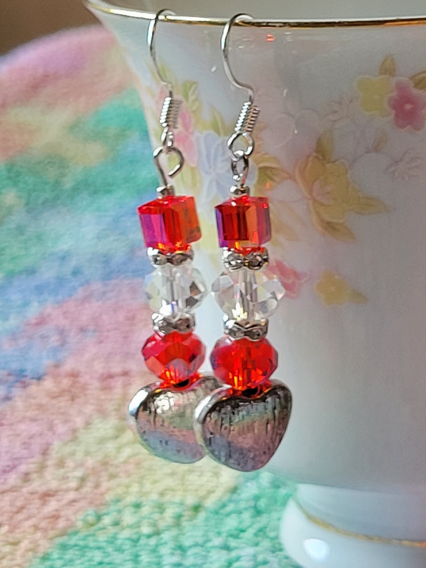 Artisan Elegant RED Crystal Silver HEART Dangle Drop Earrings French Wire
