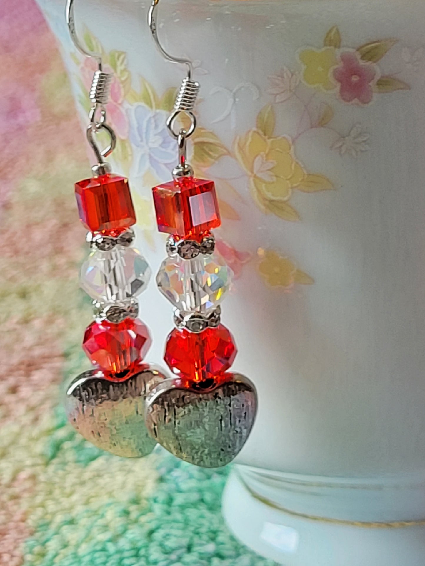Artisan Elegant RED Crystal Silver HEART Dangle Drop Earrings French Wire