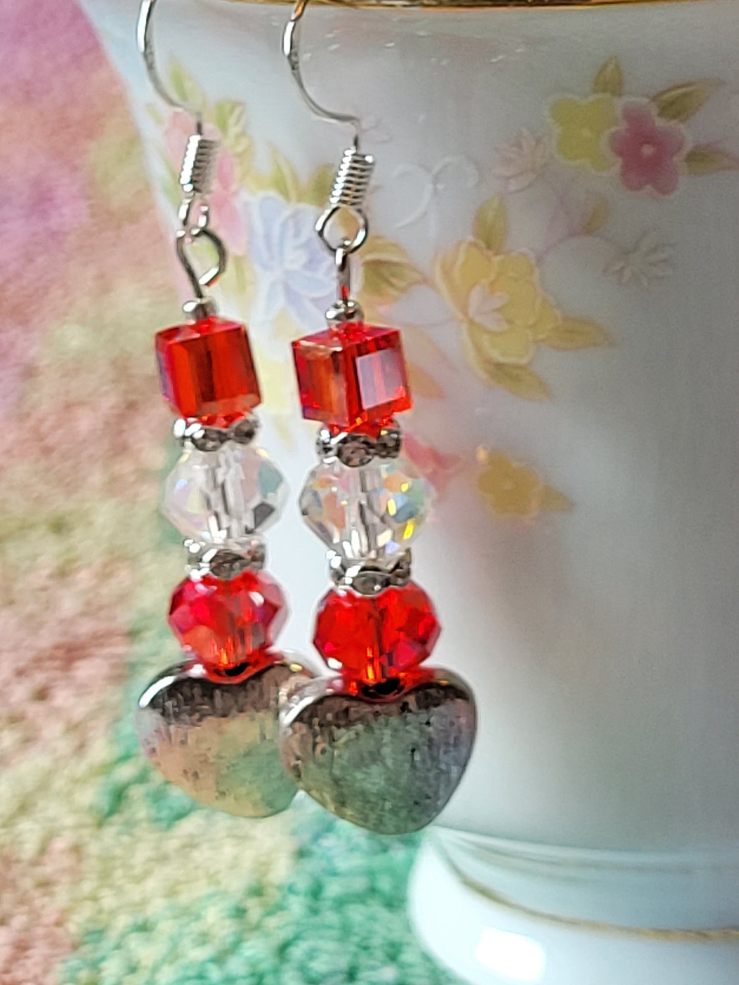 Artisan Elegant RED Crystal Silver HEART Dangle Drop Earrings French Wire