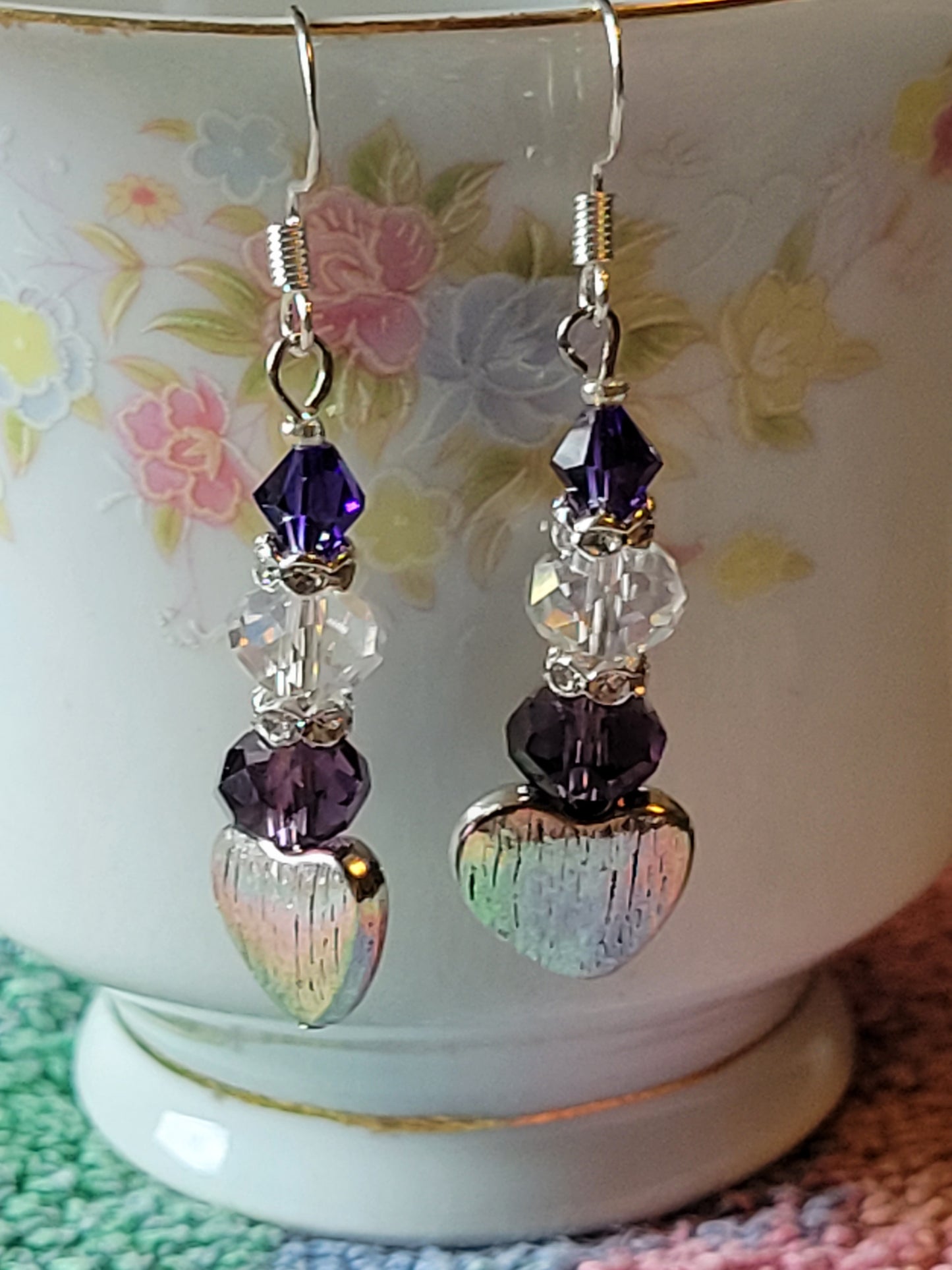 Artisan Elegant PURPLE Crystal Silver HEART Dangle Drop Earrings French Wire