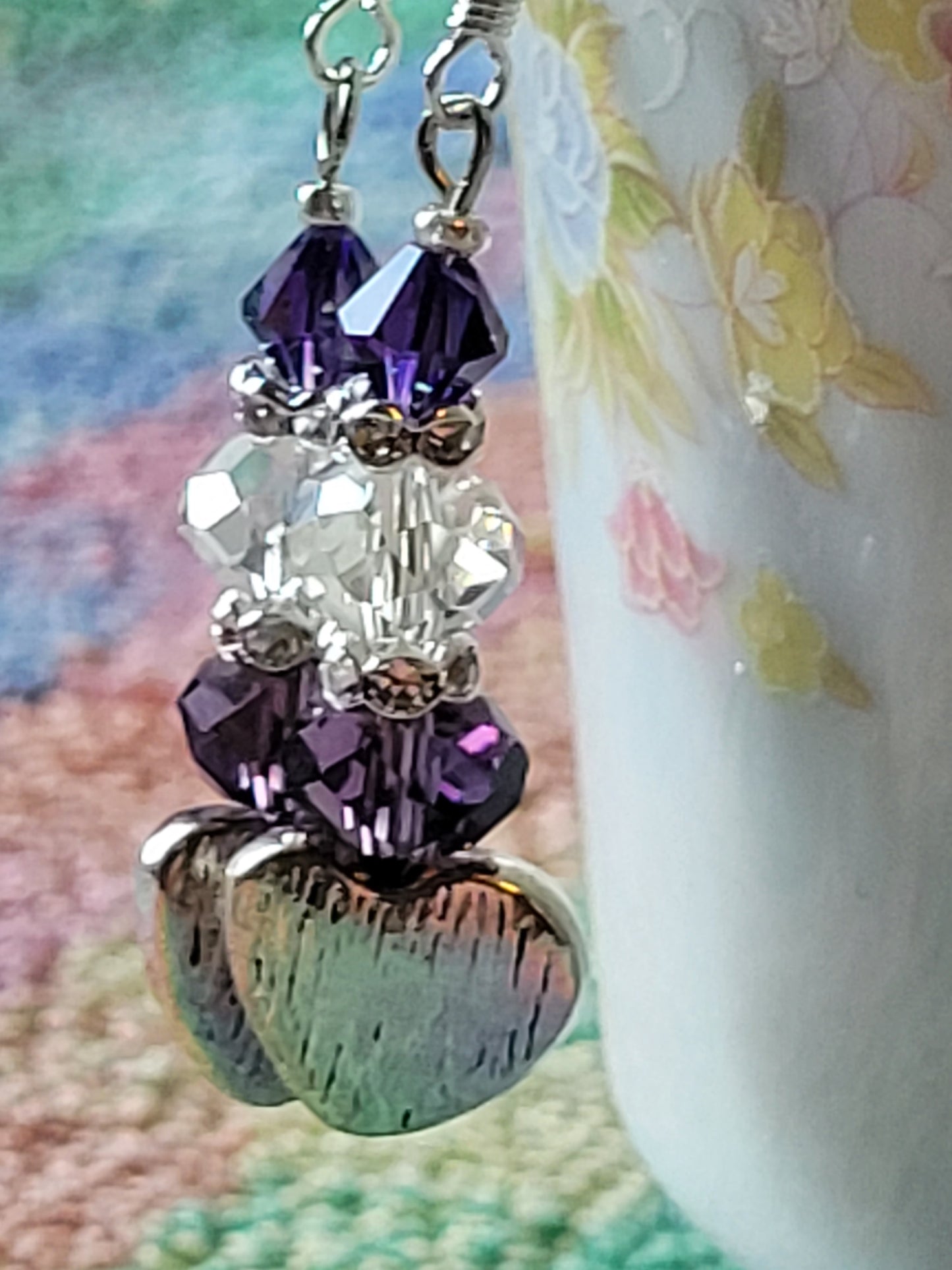 Artisan Elegant PURPLE Crystal Silver HEART Dangle Drop Earrings French Wire