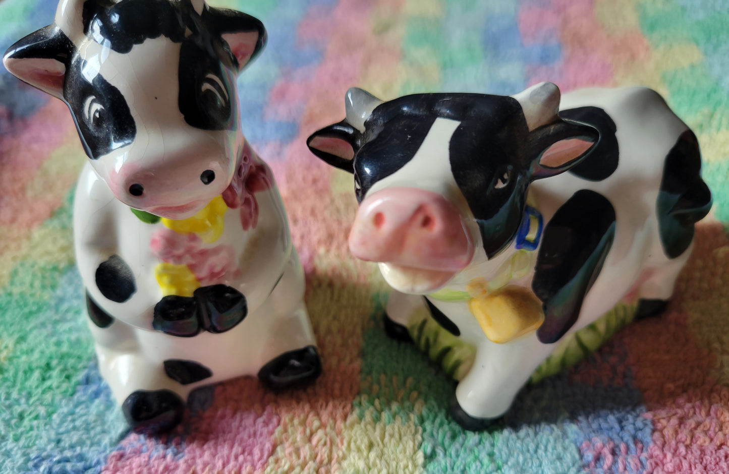 Spotted Cows With Flowers Salt and Pepper Shakers Vintage China