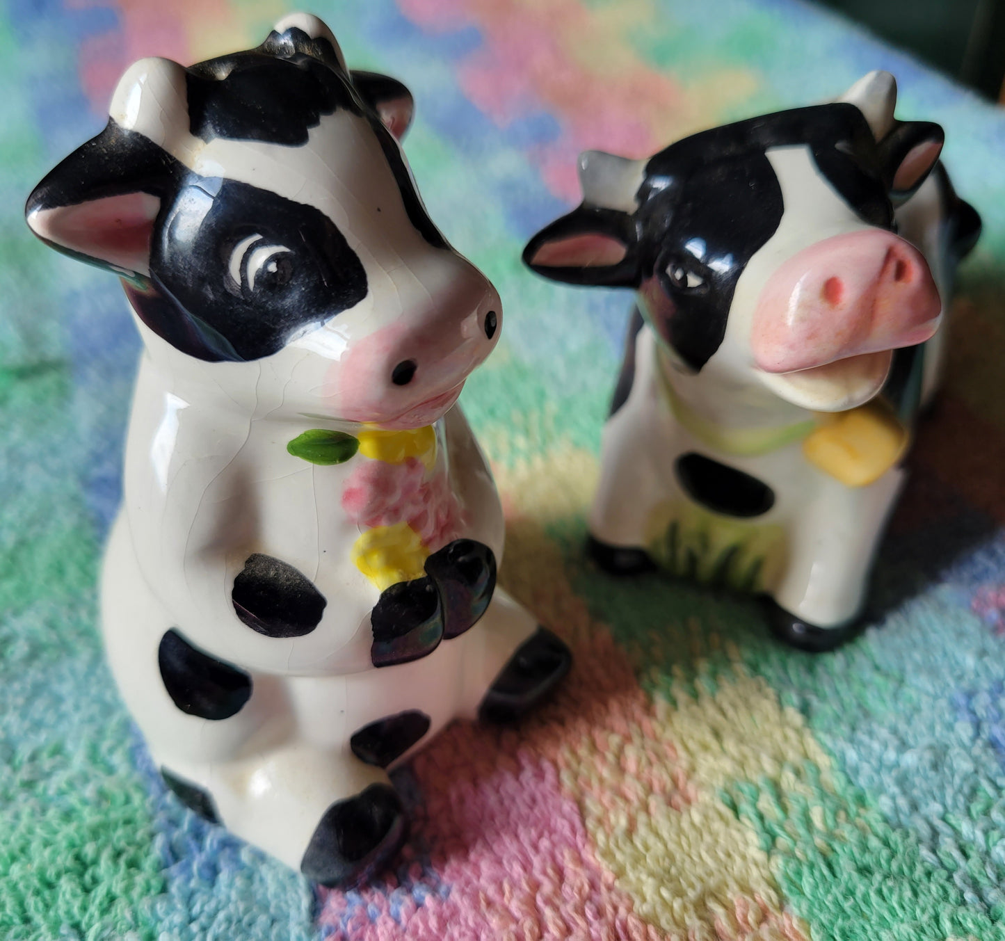 Spotted Cows With Flowers Salt and Pepper Shakers Vintage China