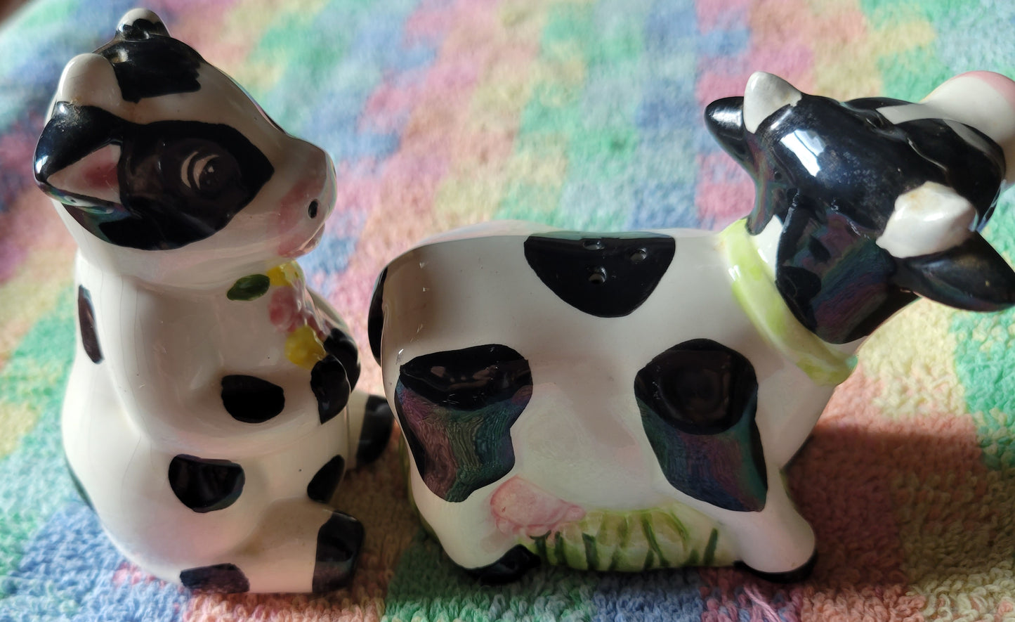 Spotted Cows With Flowers Salt and Pepper Shakers Vintage China