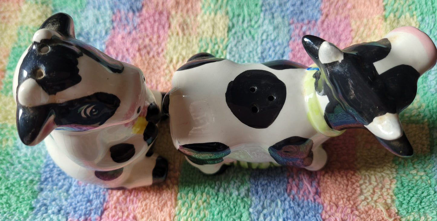 Spotted Cows With Flowers Salt and Pepper Shakers Vintage China