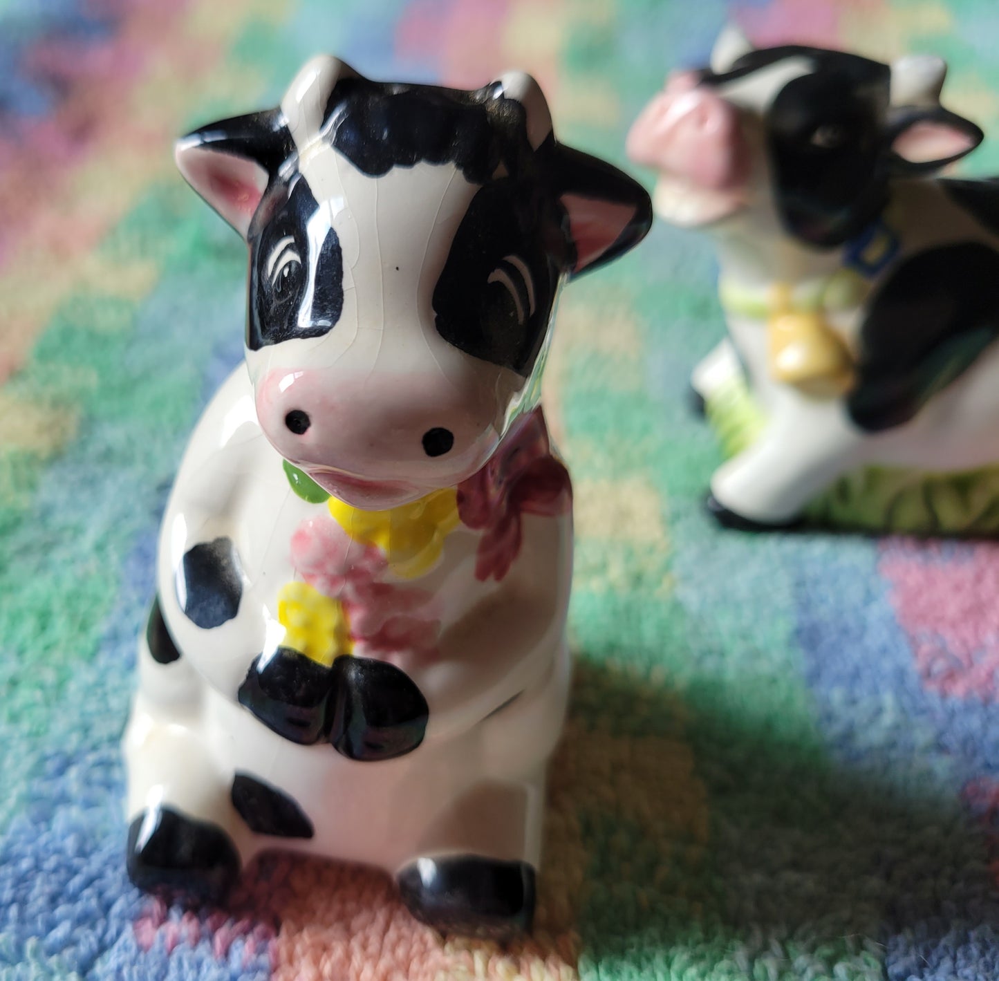 Spotted Cows With Flowers Salt and Pepper Shakers Vintage China