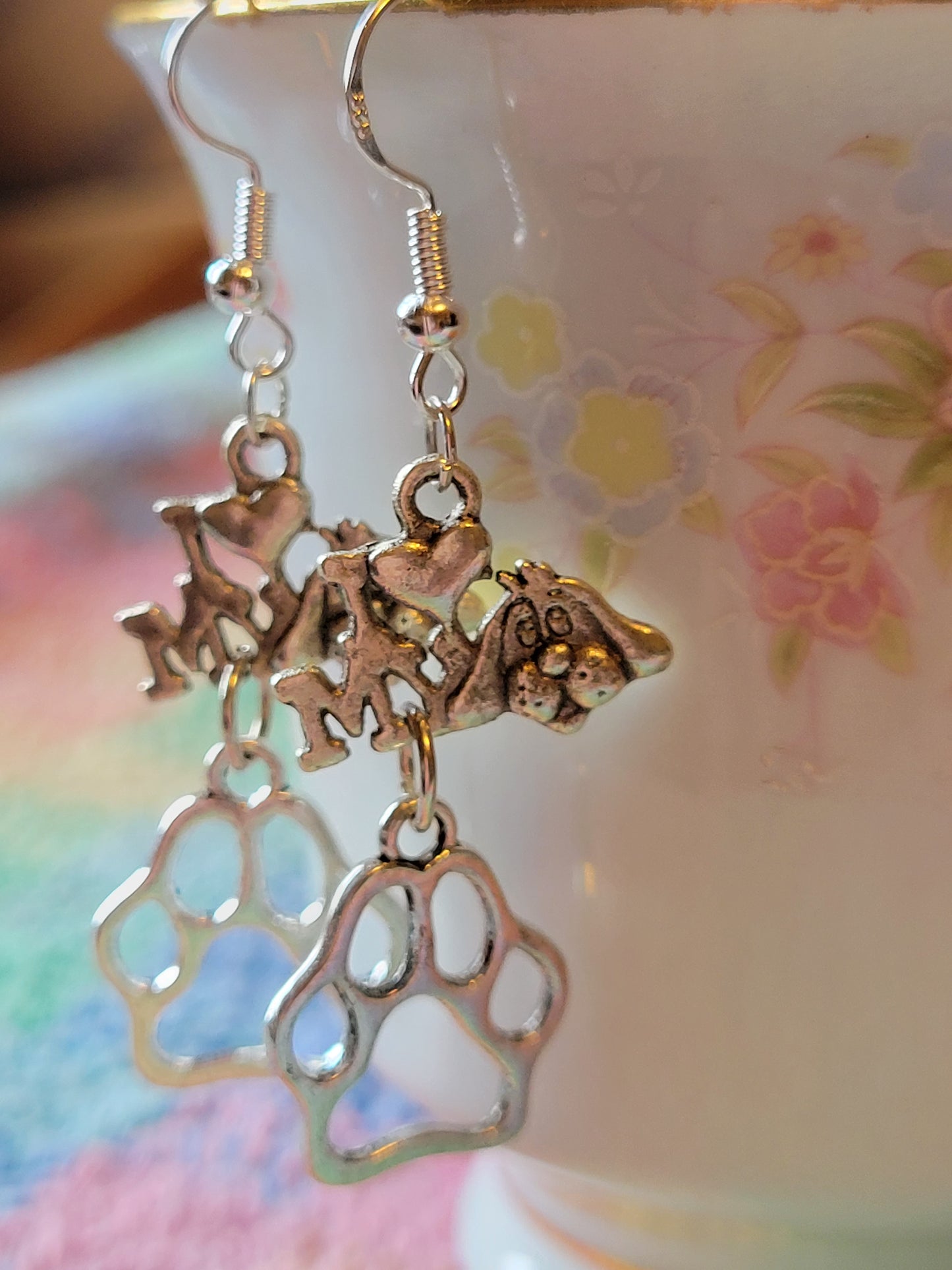 I LOVE ❤️ My 🐕 Dog PAW Print Dangle Drop Style Wire Earrings Pierced