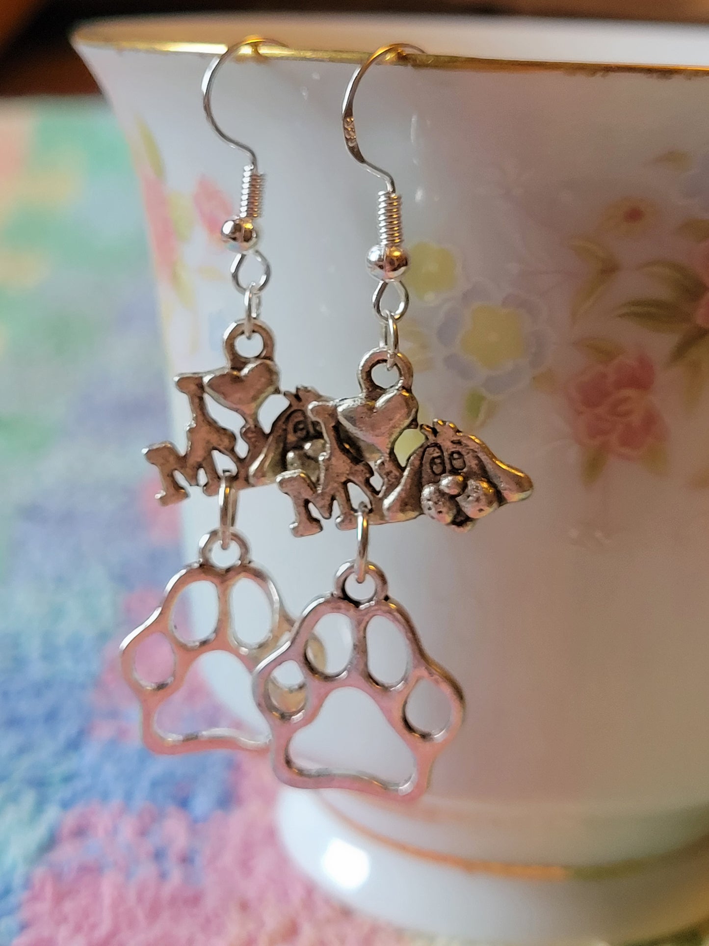 I LOVE ❤️ My 🐕 Dog PAW Print Dangle Drop Style Wire Earrings Pierced