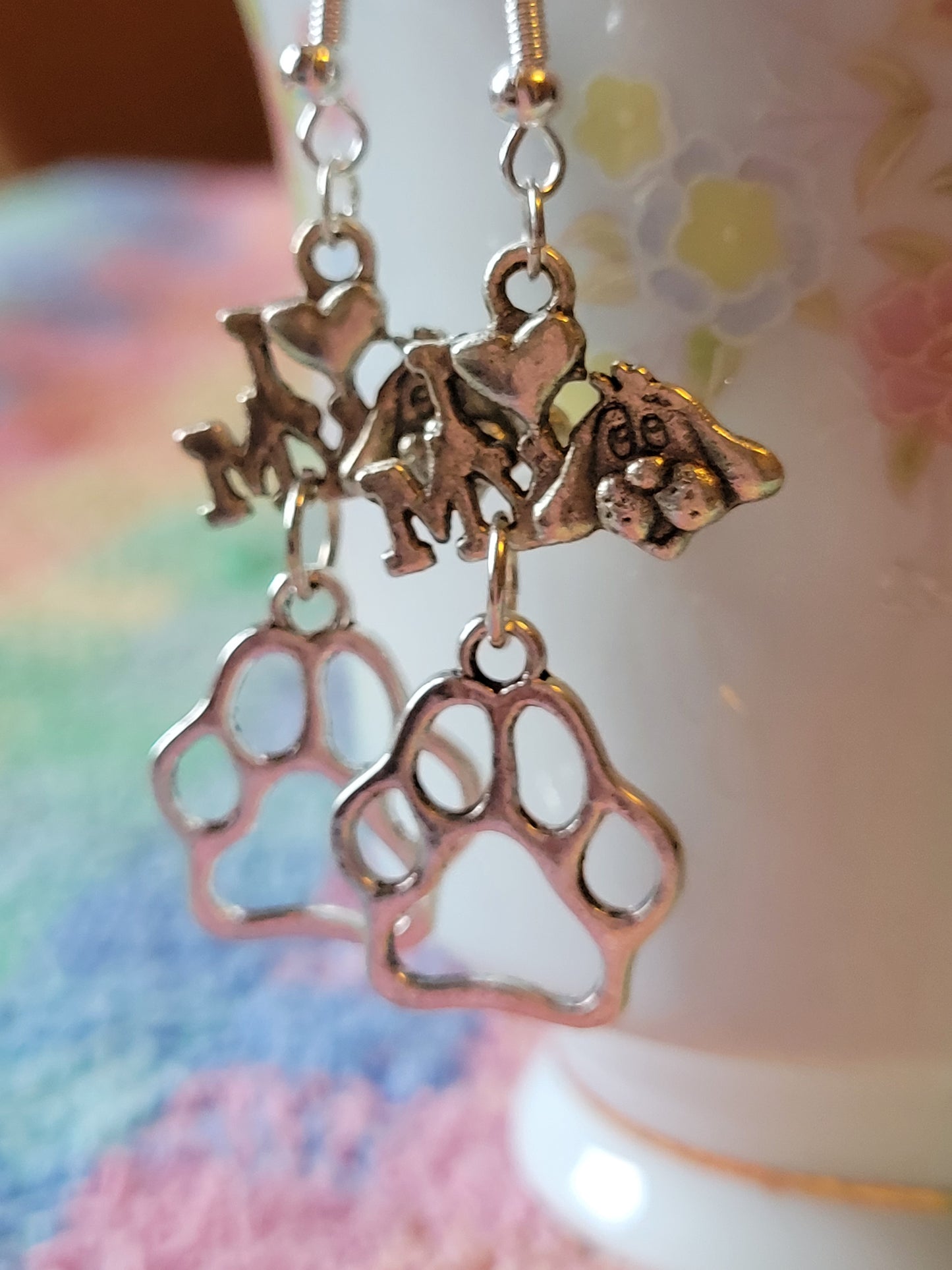 I LOVE ❤️ My 🐕 Dog PAW Print Dangle Drop Style Wire Earrings Pierced