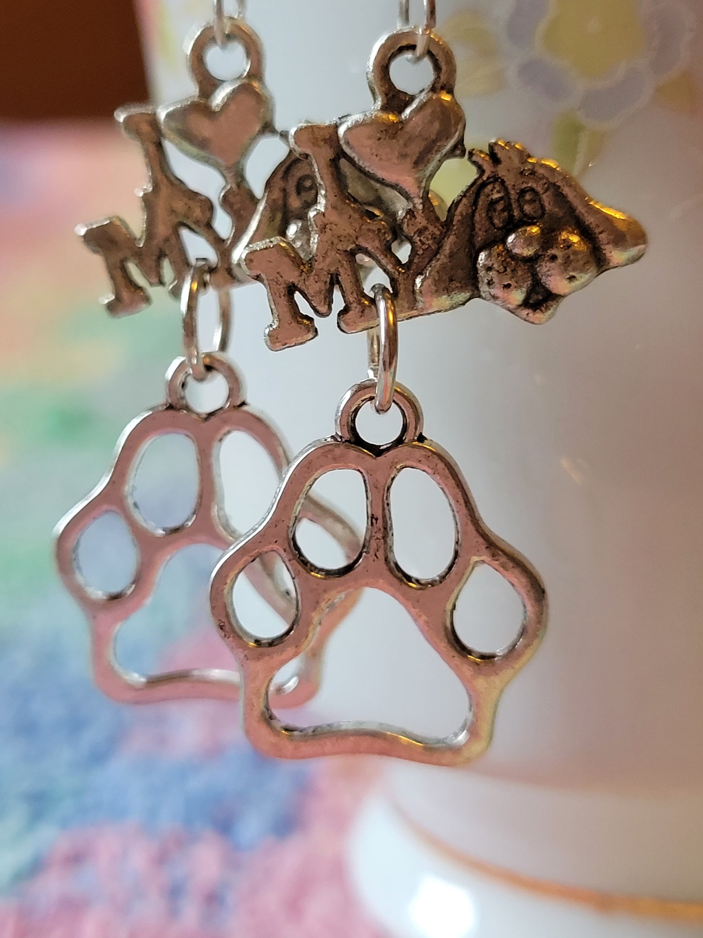 I LOVE ❤️ My 🐕 Dog PAW Print Dangle Drop Style Wire Earrings Pierced
