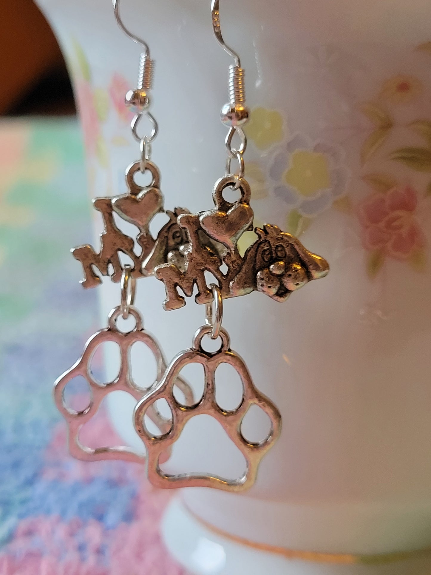 I LOVE ❤️ My 🐕 Dog PAW Print Dangle Drop Style Wire Earrings Pierced