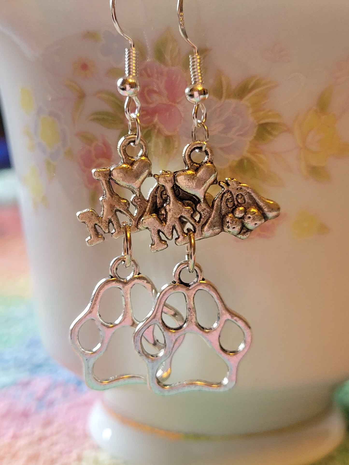 I LOVE ❤️ My 🐕 Dog PAW Print Dangle Drop Style Wire Earrings Pierced