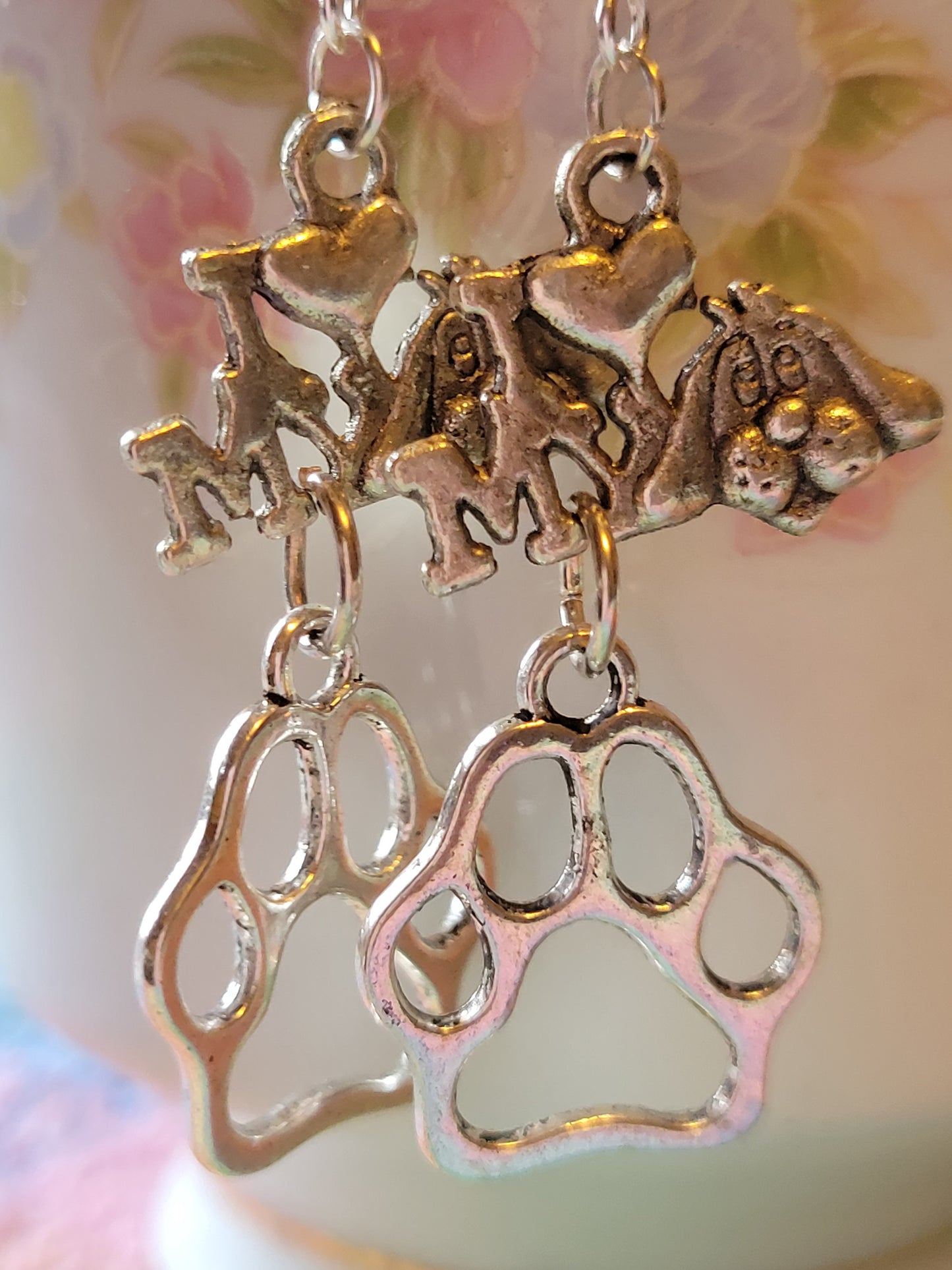 I LOVE ❤️ My 🐕 Dog PAW Print Dangle Drop Style Wire Earrings Pierced
