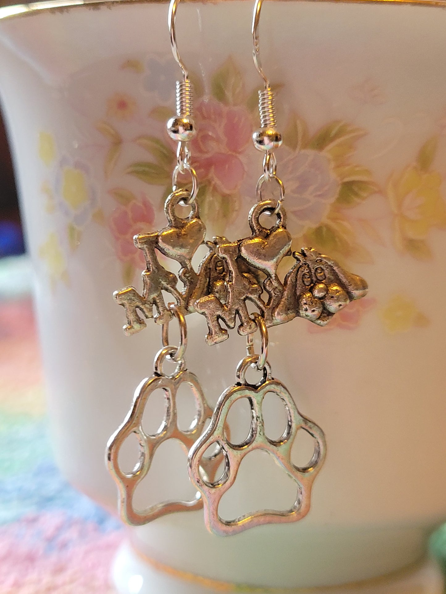 I LOVE ❤️ My 🐕 Dog PAW Print Dangle Drop Style Wire Earrings Pierced