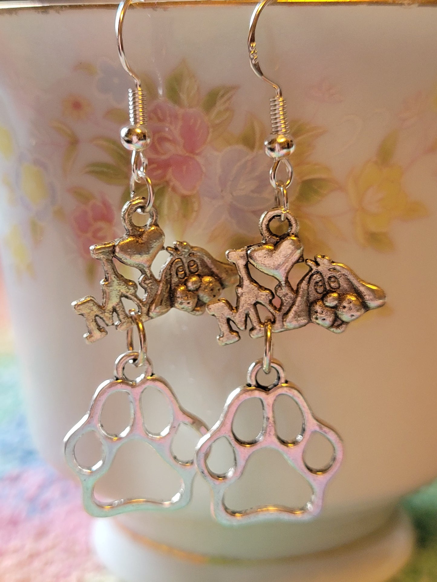 I LOVE ❤️ My 🐕 Dog PAW Print Dangle Drop Style Wire Earrings Pierced