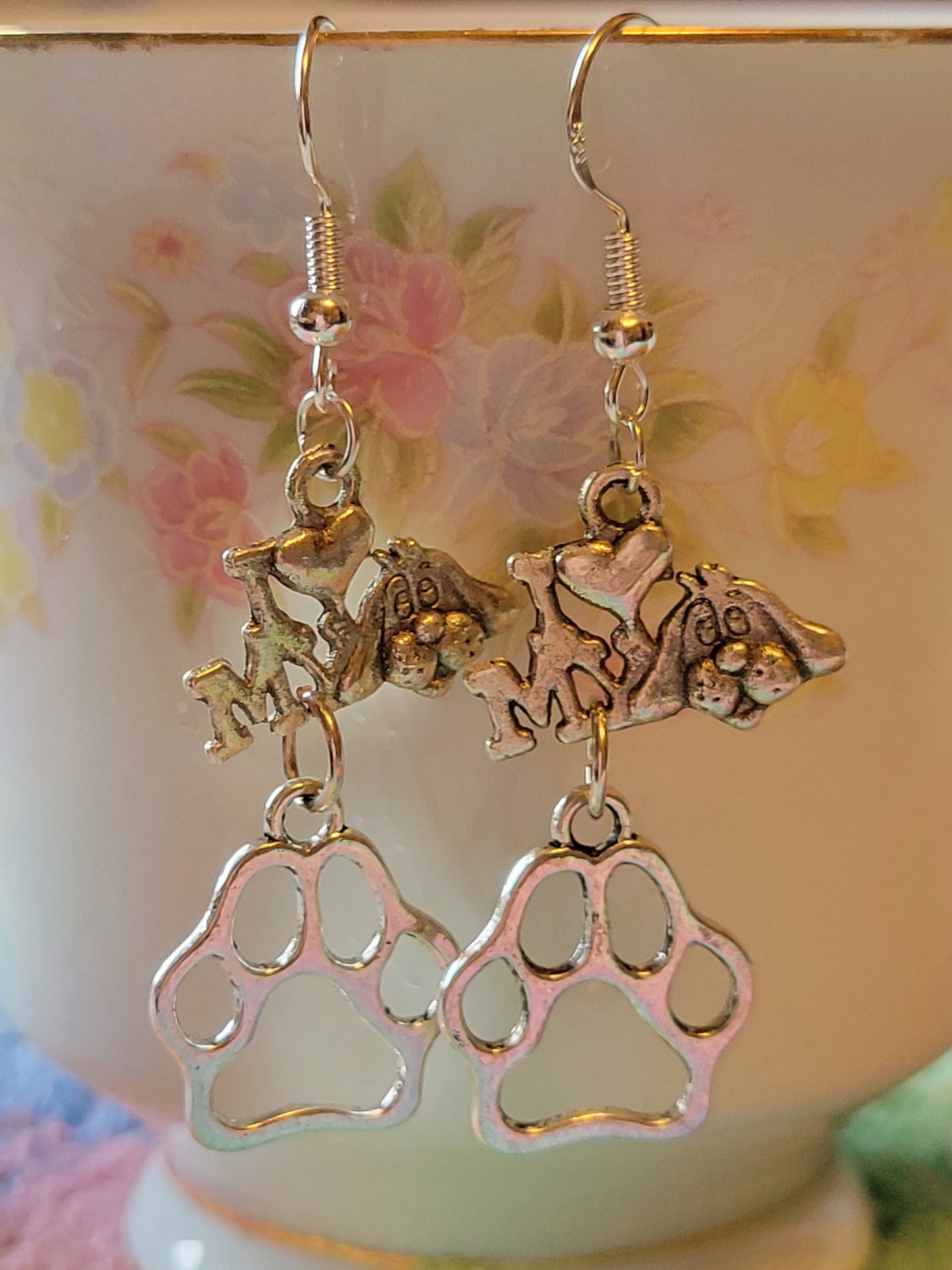 I LOVE ❤️ My 🐕 Dog PAW Print Dangle Drop Style Wire Earrings Pierced