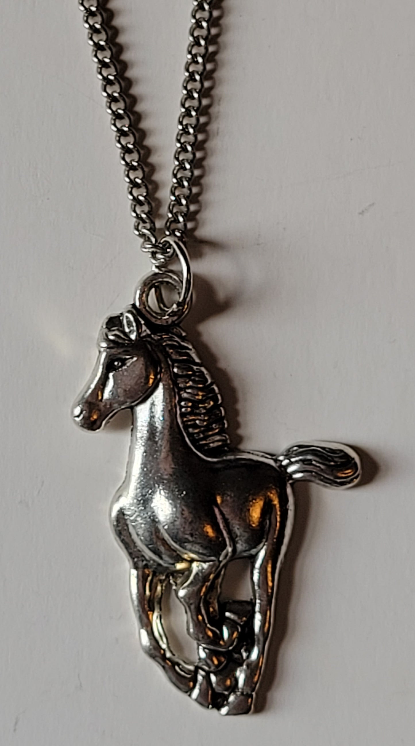 Galloping Horse Pendant Necklace Long 30" Chain Silver