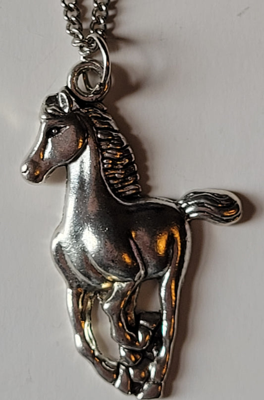 Galloping Horse Pendant Necklace Long 30" Chain Silver
