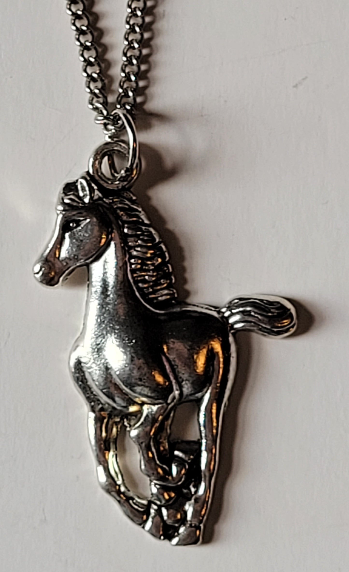 Galloping Horse Pendant Necklace Long 30" Chain Silver