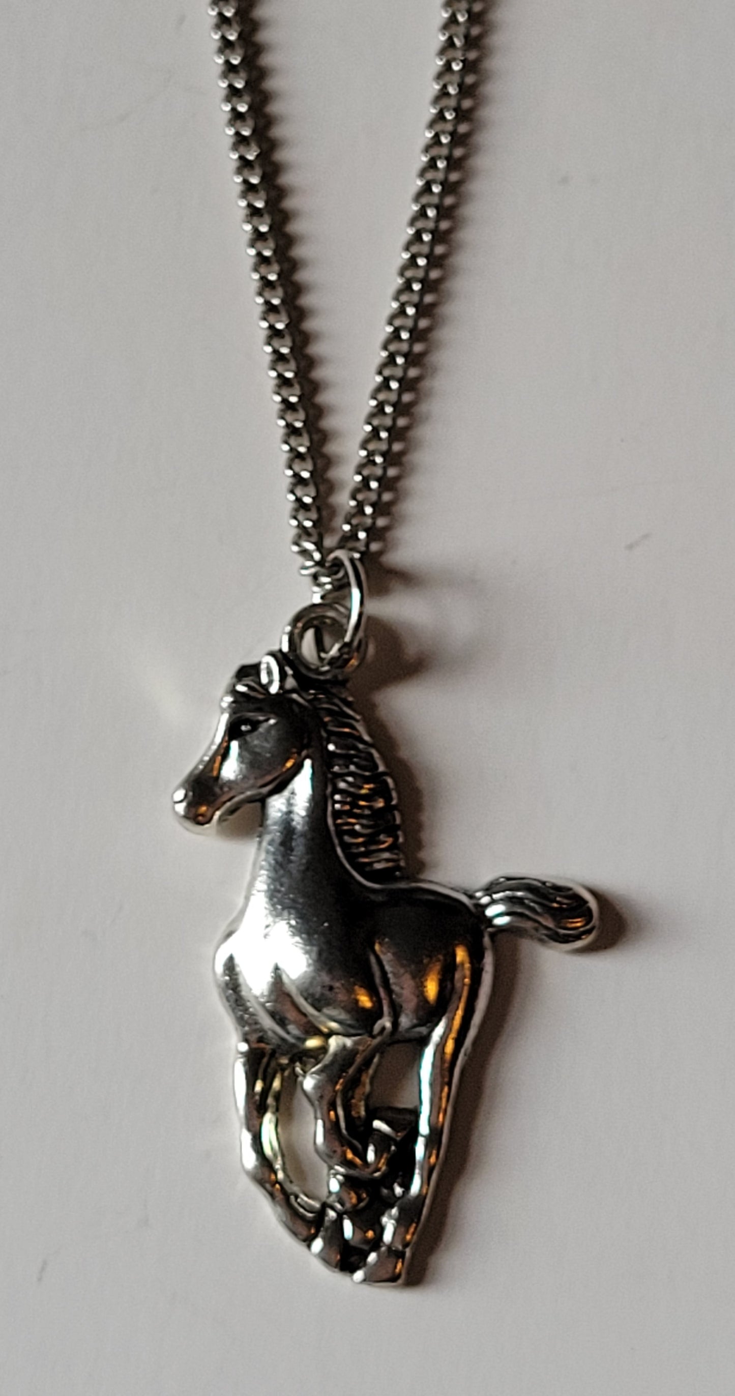 Galloping Horse Pendant Necklace Long 30" Chain Silver