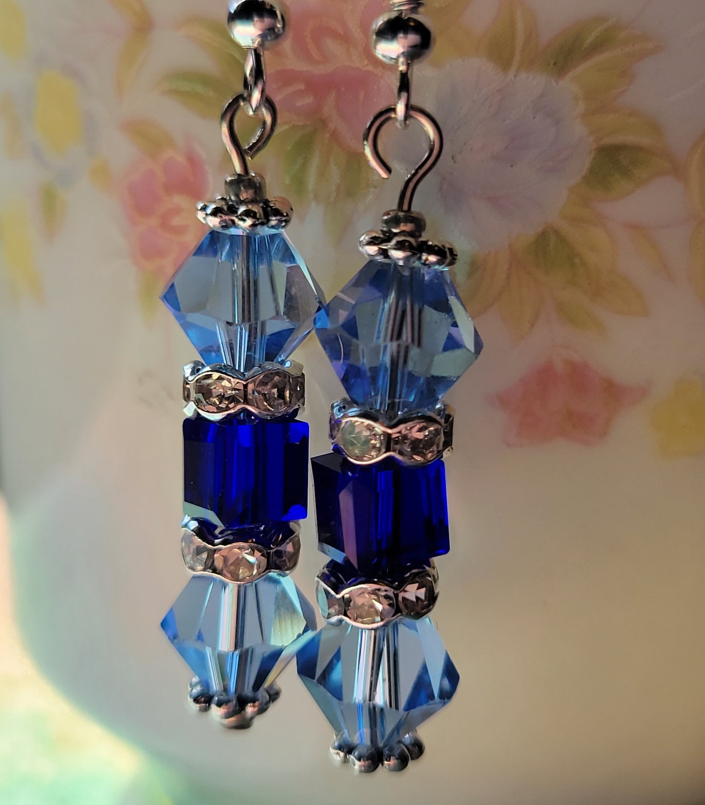 Artisan Elegant Two Tone BLUE Crystal Dangle Drop Silver Earrings French Wire
