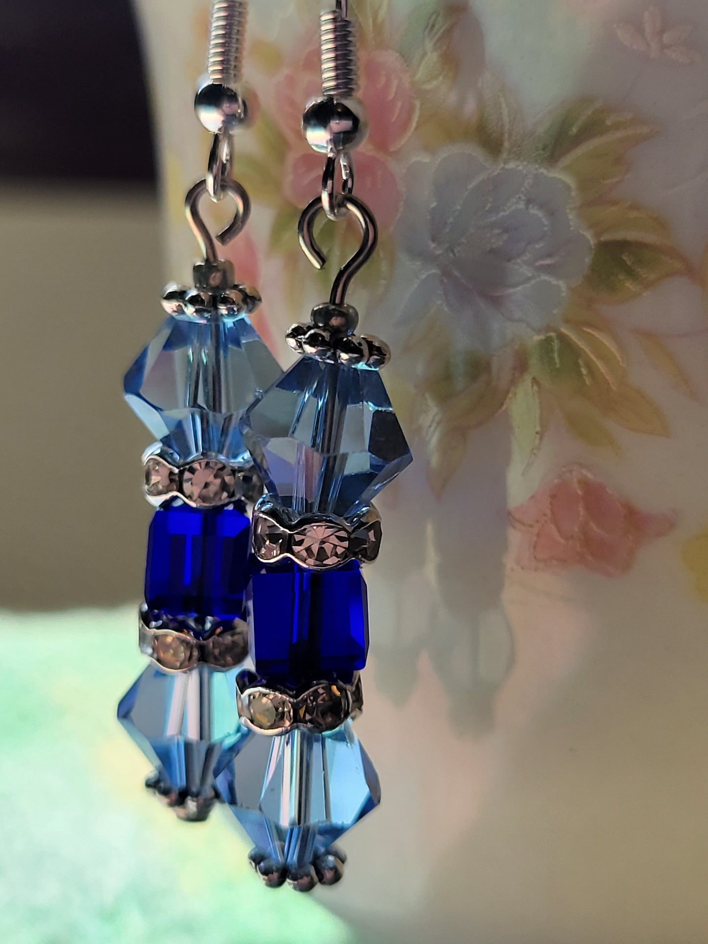 Artisan Elegant Two Tone BLUE Crystal Dangle Drop Silver Earrings French Wire