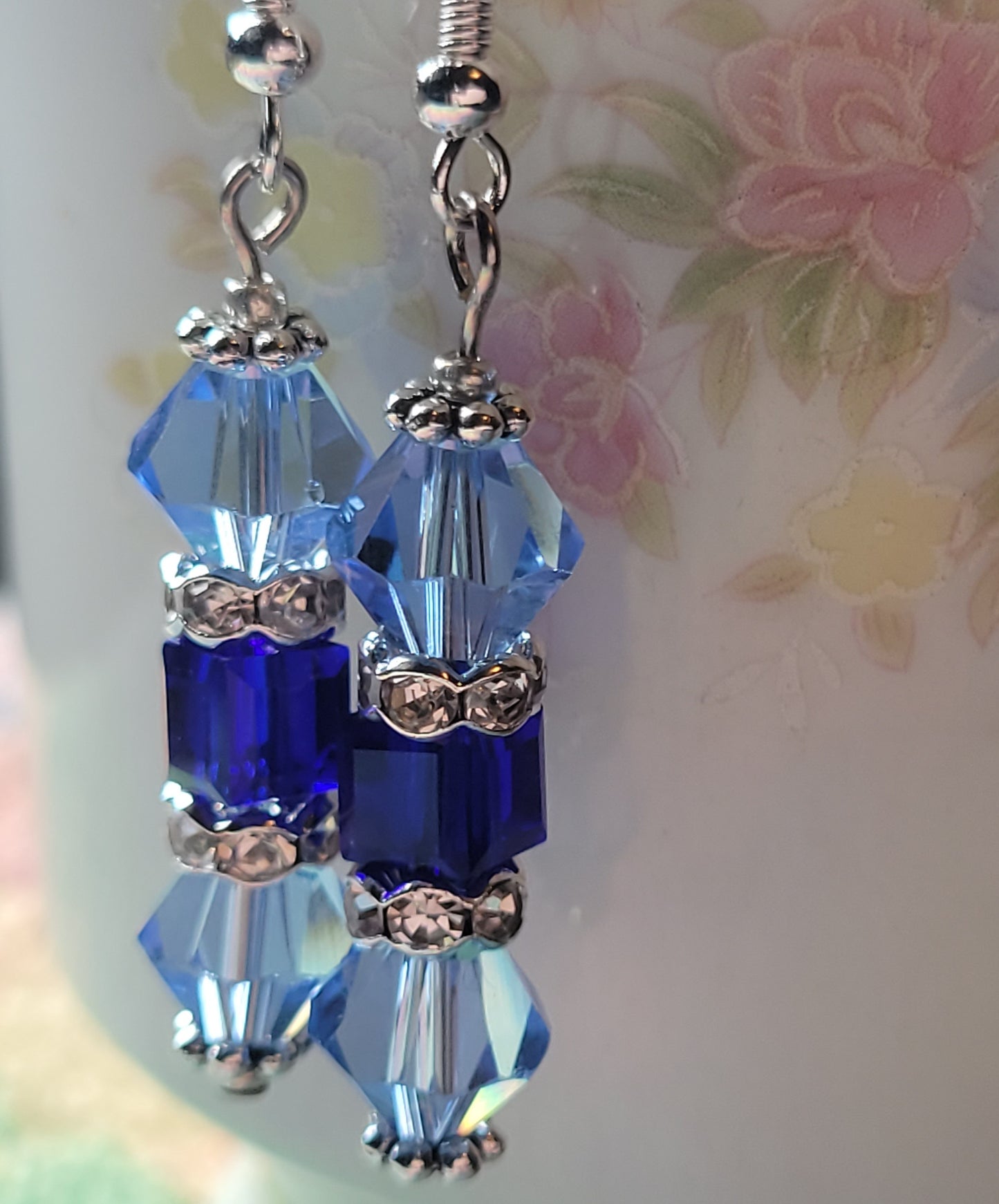 Artisan Elegant Two Tone BLUE Crystal Dangle Drop Silver Earrings French Wire