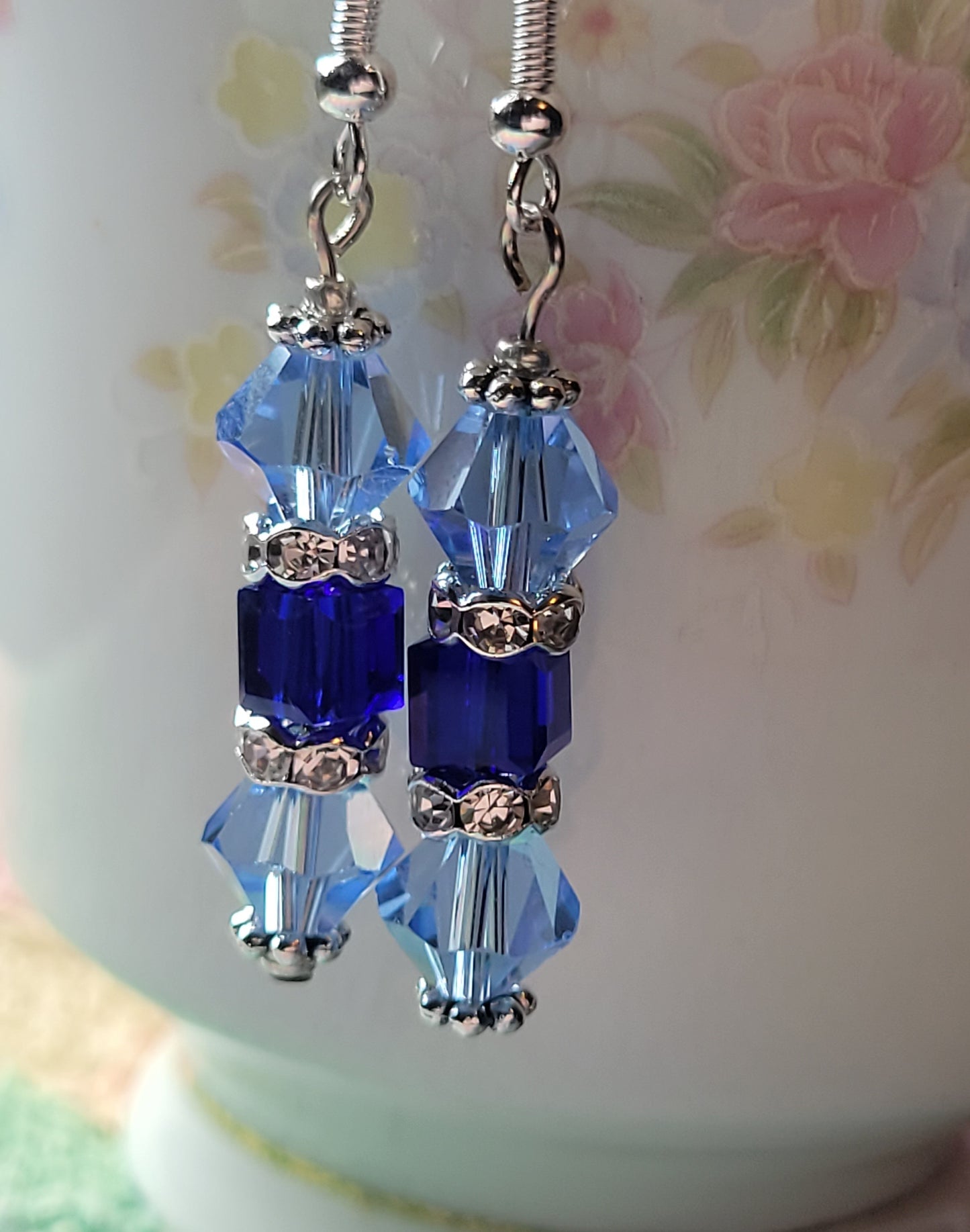 Artisan Elegant Two Tone BLUE Crystal Dangle Drop Silver Earrings French Wire