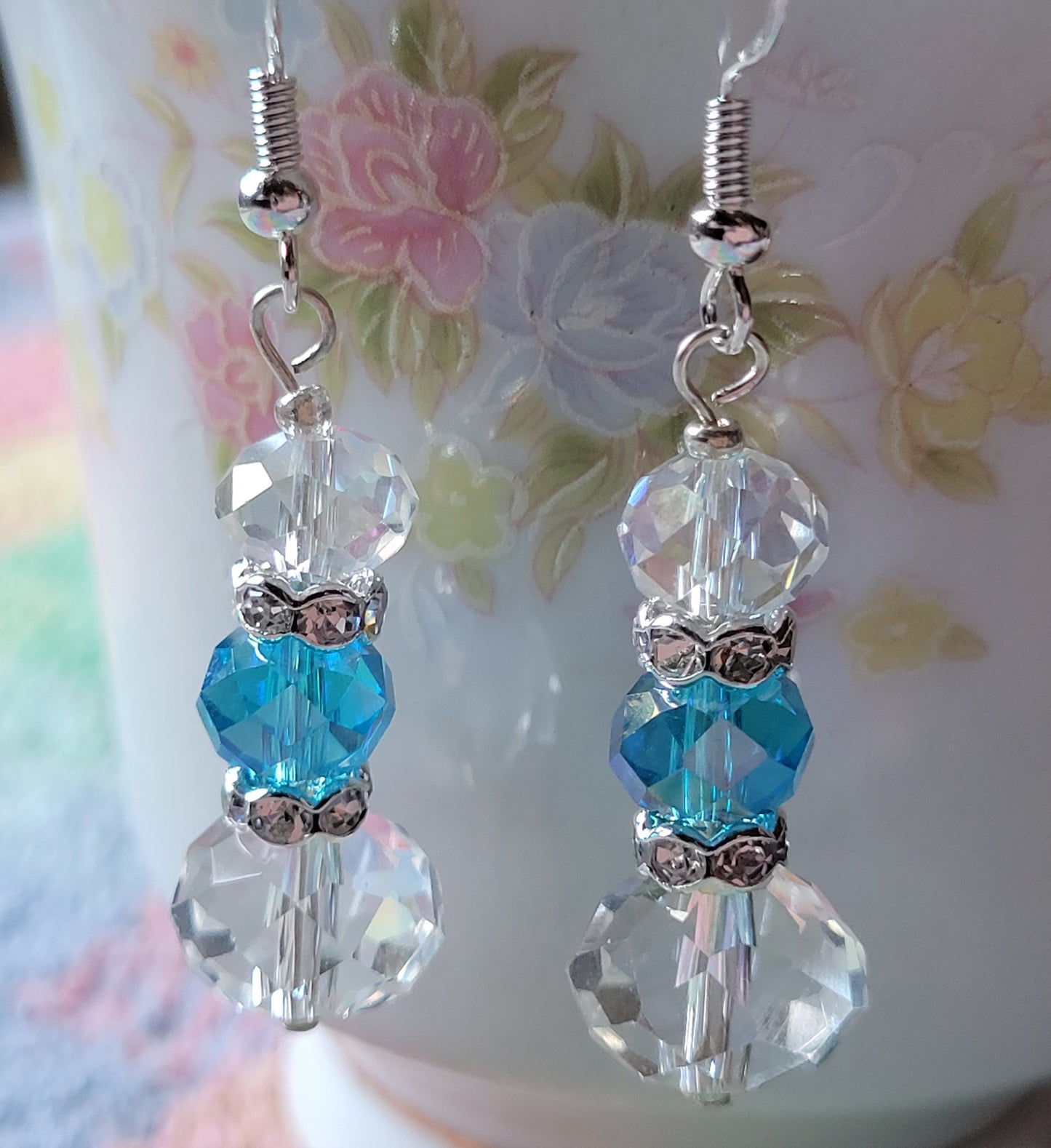 Artisan Elegant Hint of TEAL BLUE Crystal Dangle Drop Silver Earrings
