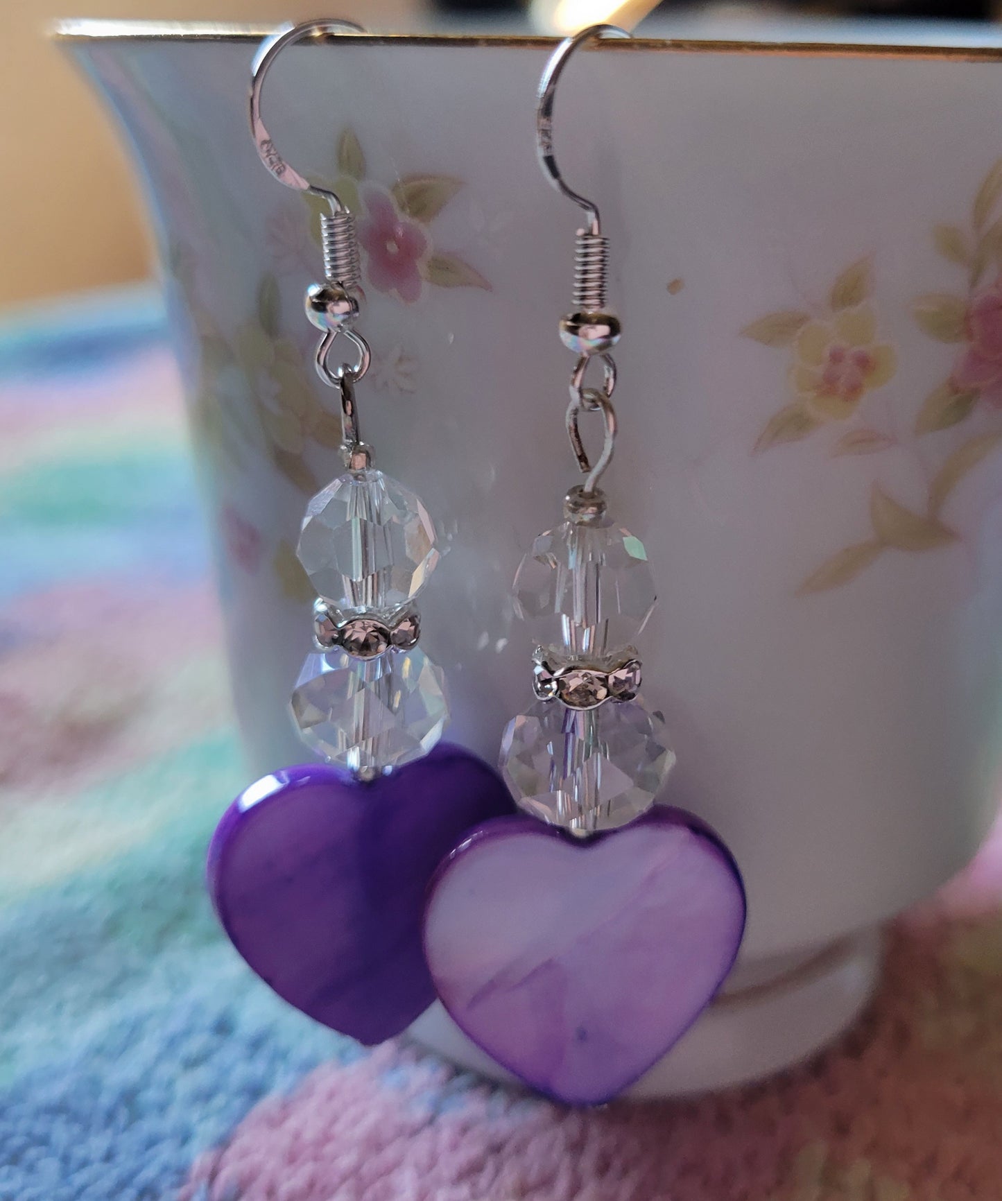 Artisan Elegant PURPLE HEART Clear Crystal Dangle Drop Earrings Rhinestones