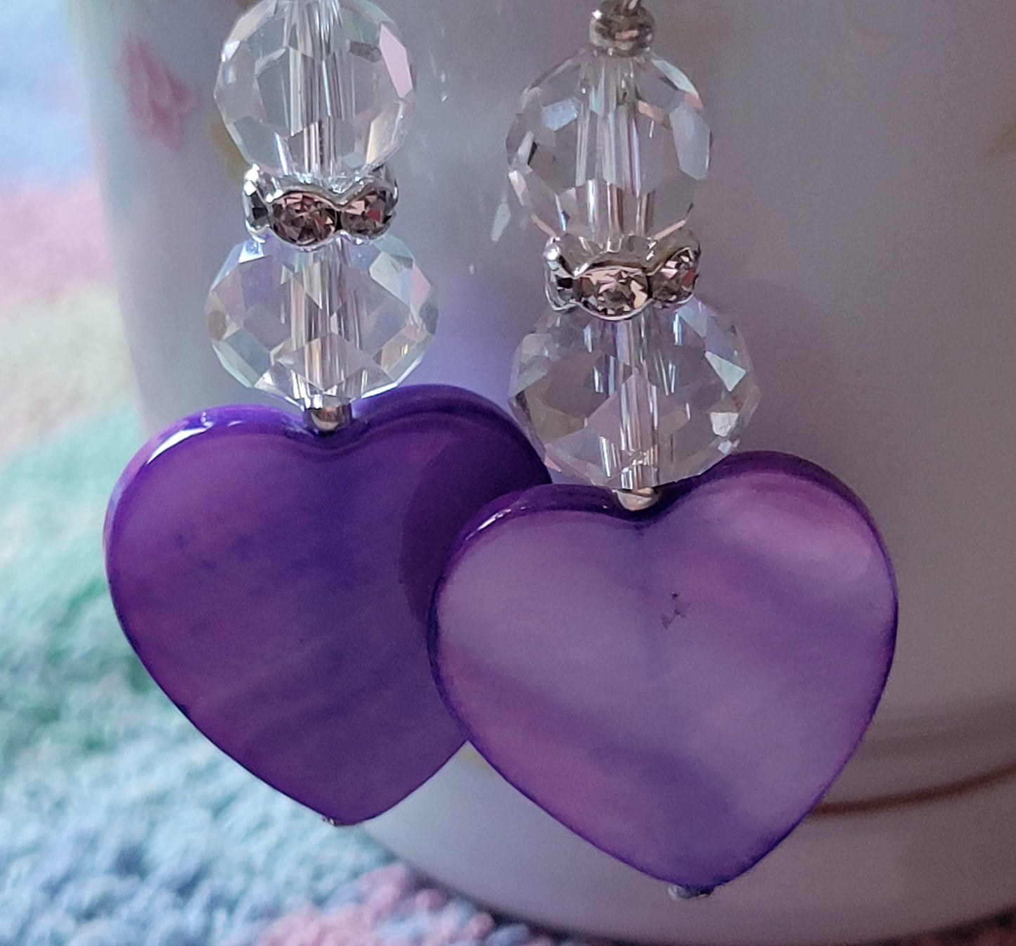 Artisan Elegant PURPLE HEART Clear Crystal Dangle Drop Earrings Rhinestones