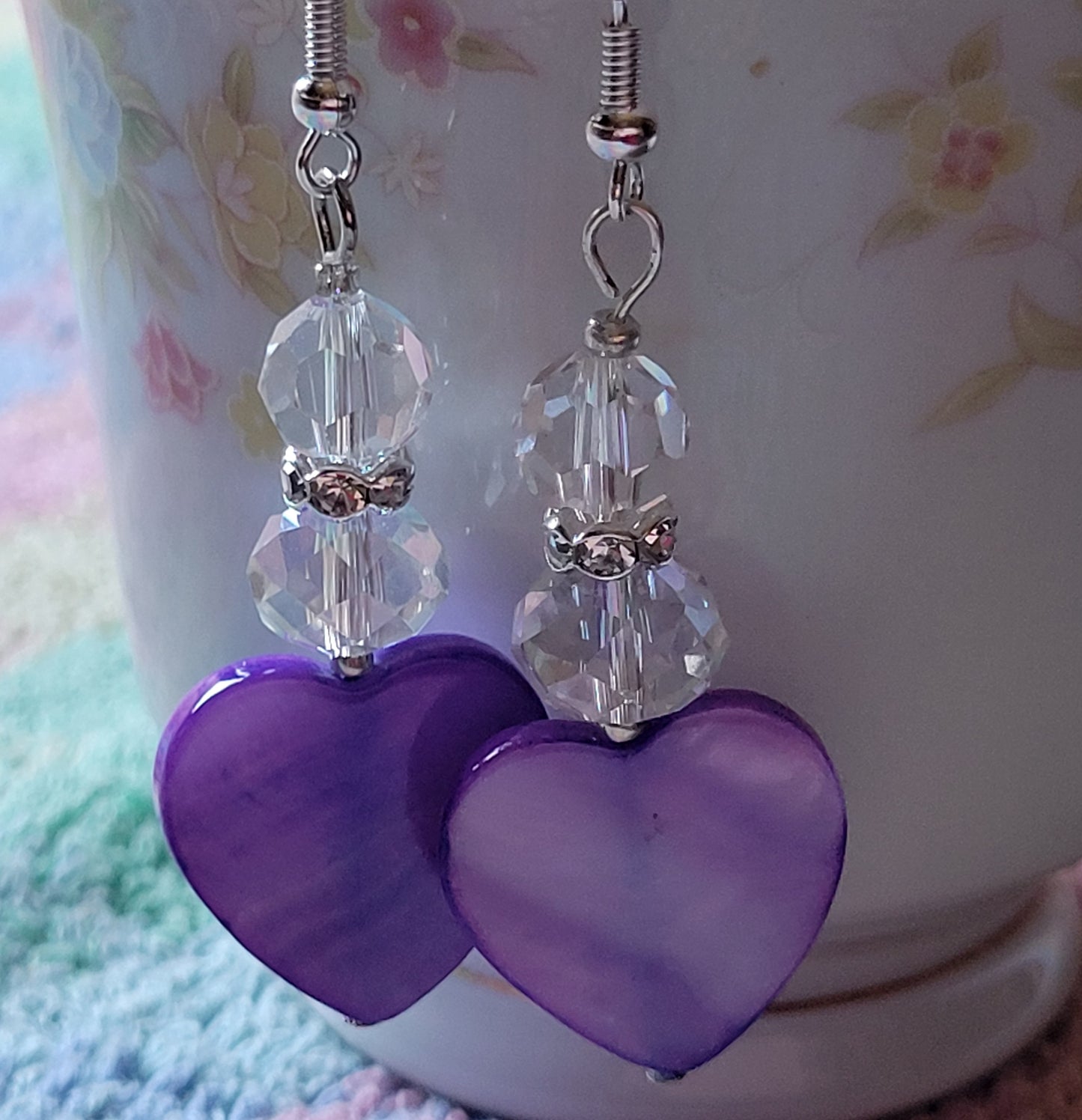 Artisan Elegant PURPLE HEART Clear Crystal Dangle Drop Earrings Rhinestones