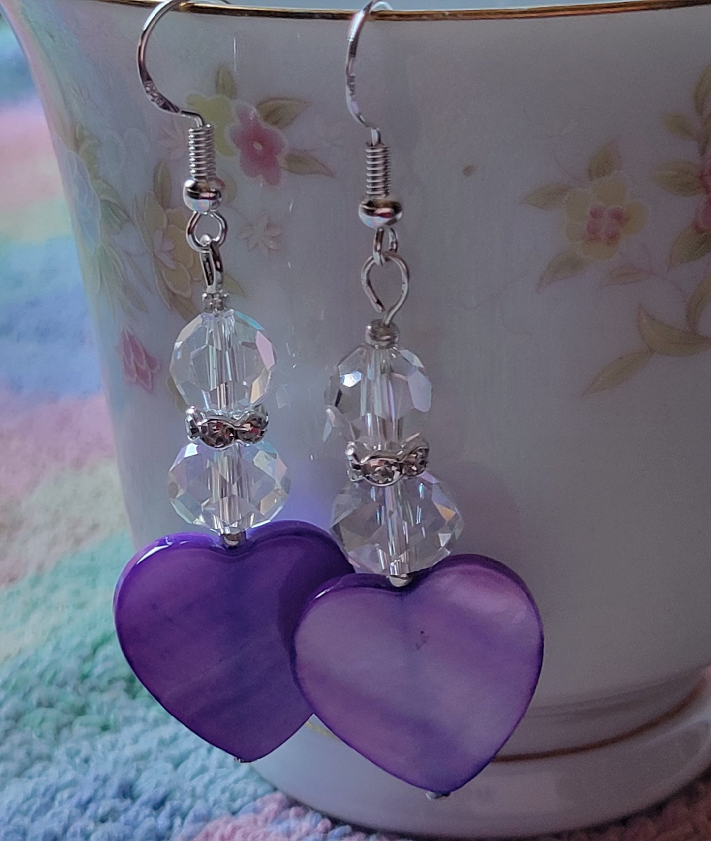 Artisan Elegant PURPLE HEART Clear Crystal Dangle Drop Earrings Rhinestones