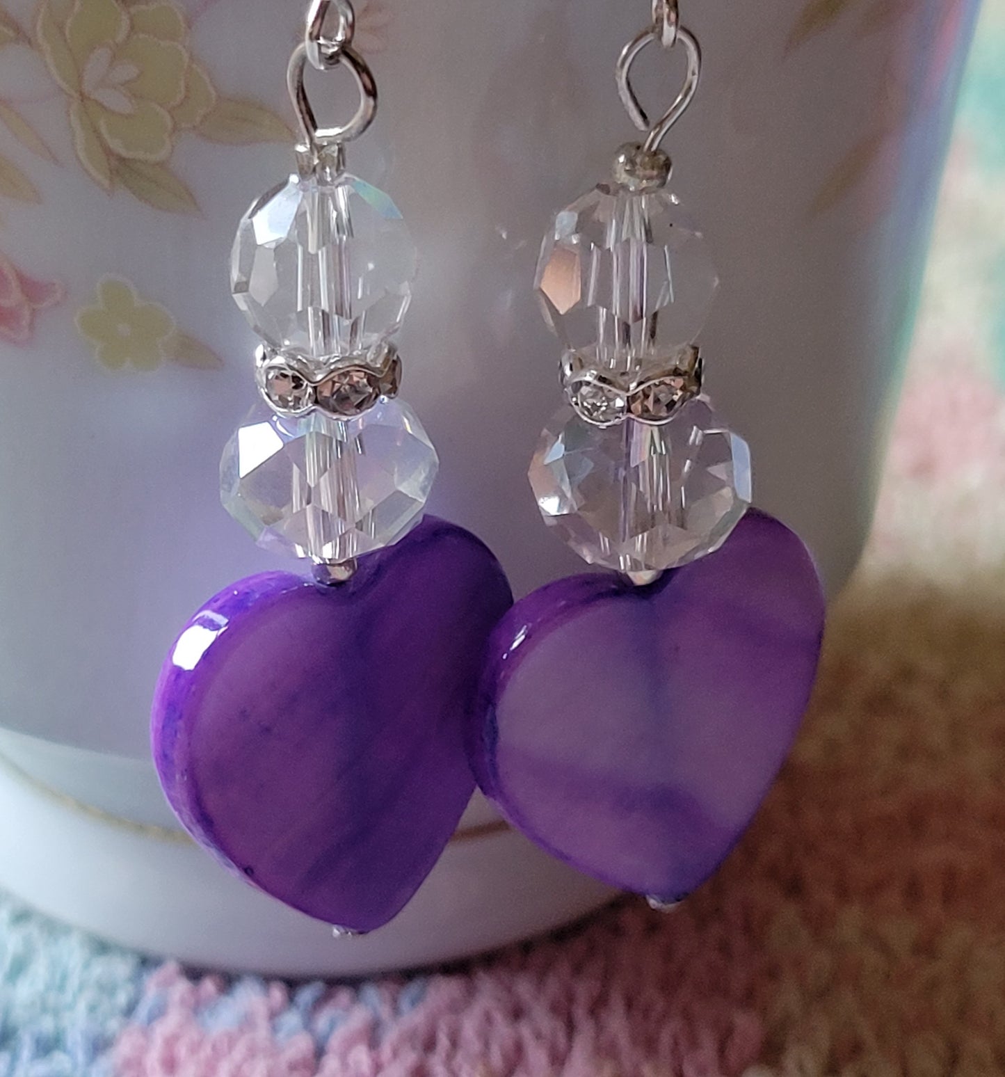 Artisan Elegant PURPLE HEART Clear Crystal Dangle Drop Earrings Rhinestones