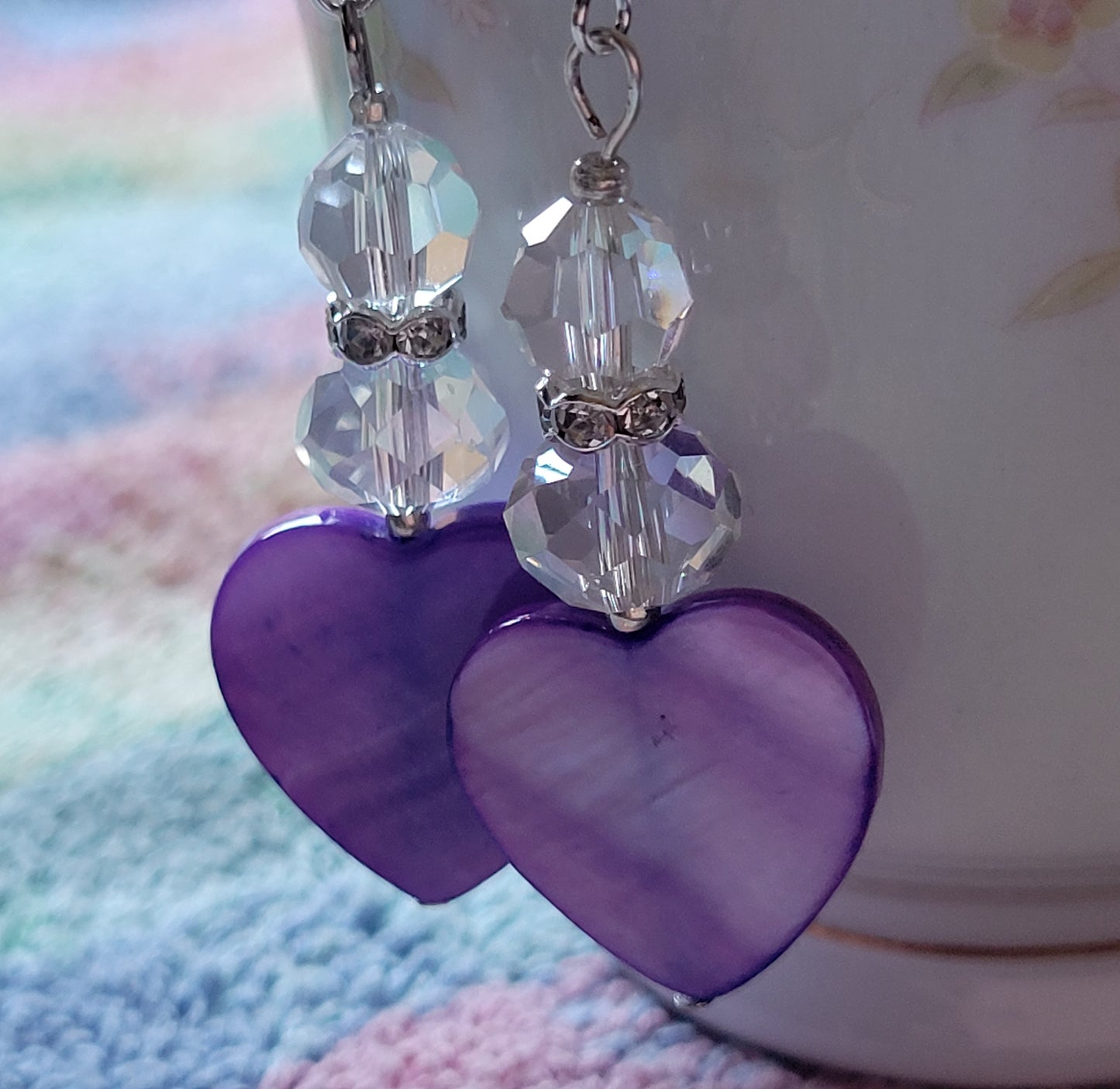 Artisan Elegant PURPLE HEART Clear Crystal Dangle Drop Earrings Rhinestones