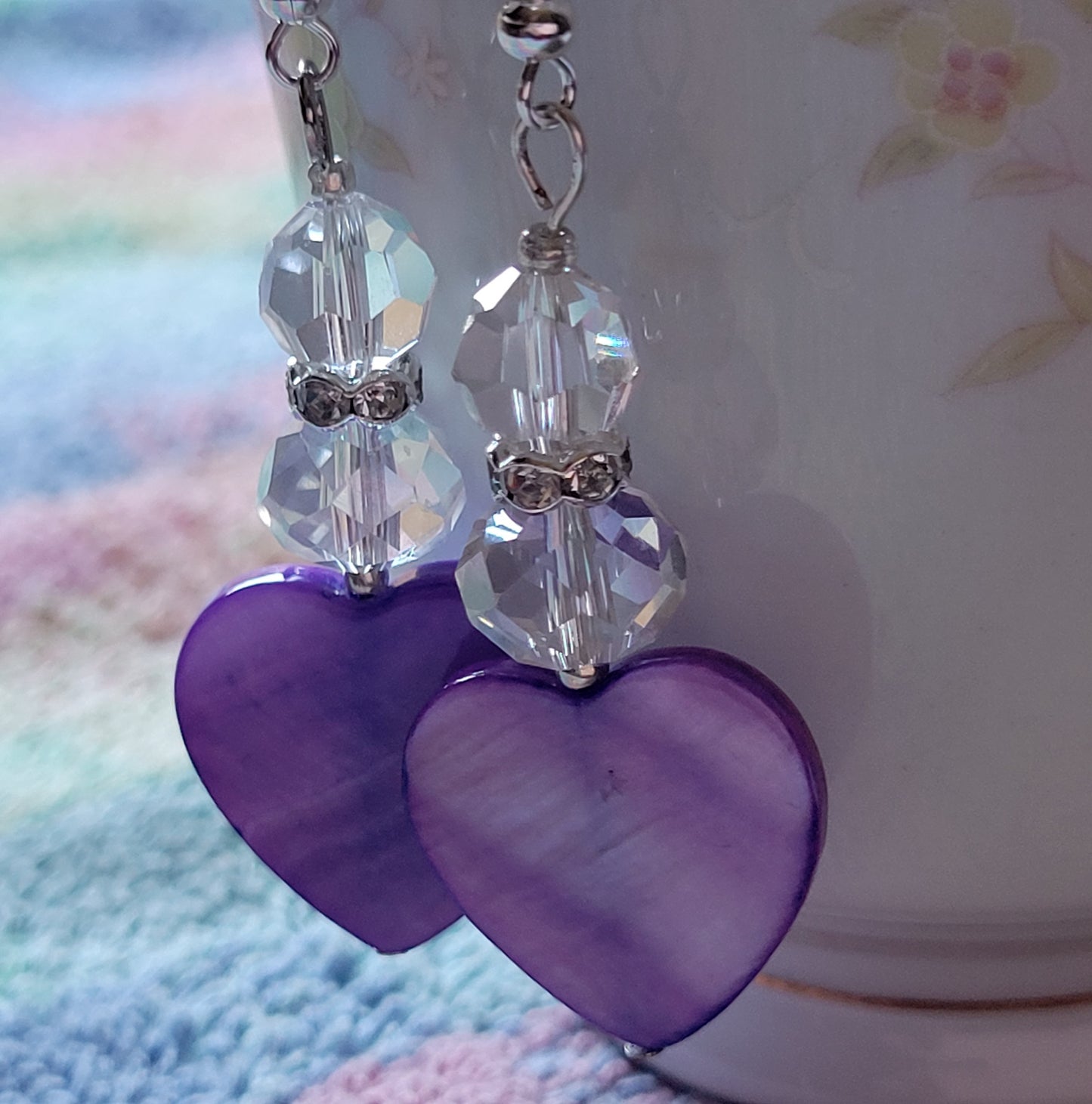 Artisan Elegant PURPLE HEART Clear Crystal Dangle Drop Earrings Rhinestones