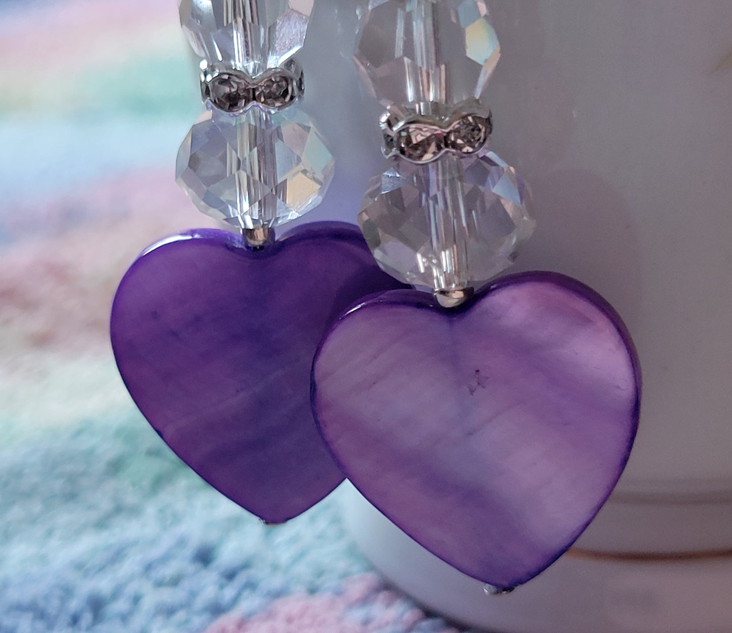 Artisan Elegant PURPLE HEART Clear Crystal Dangle Drop Earrings Rhinestones