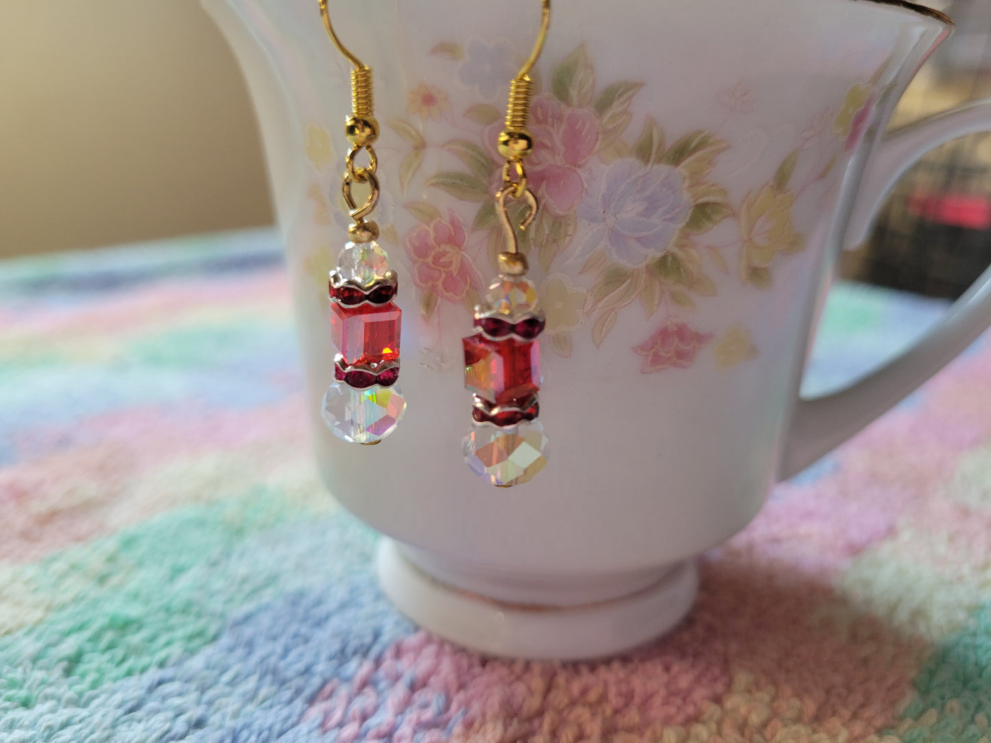 Artisan Exotic RED Crystal Dangle Drop Earrings French Wire Goldtone