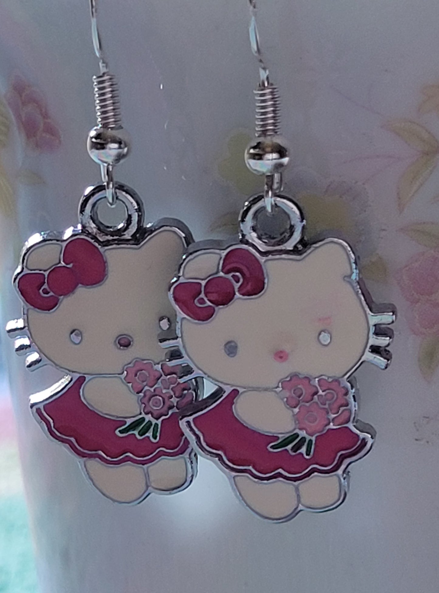 Hello Kitty Pierced Dangle Earrings  Burgundy Dress And Flowers