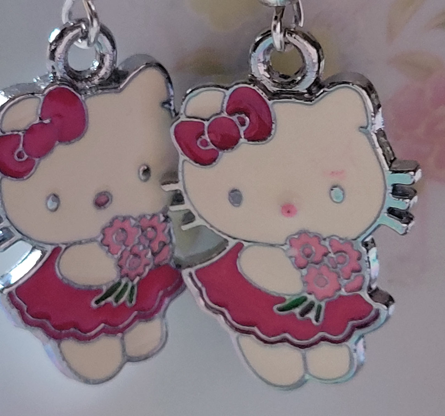 Hello Kitty Pierced Dangle Earrings  Burgundy Dress And Flowers