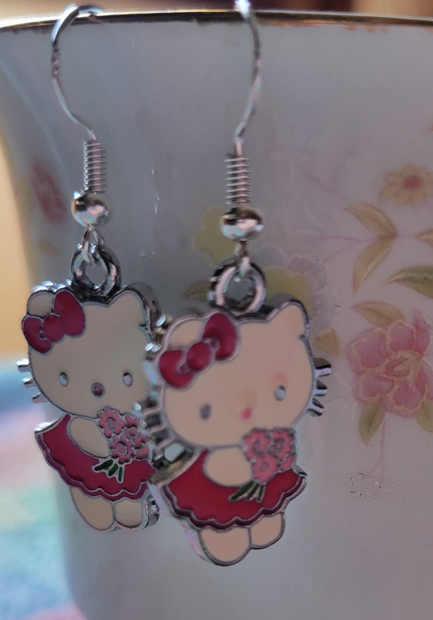 Hello Kitty Pierced Dangle Earrings  Burgundy Dress And Flowers