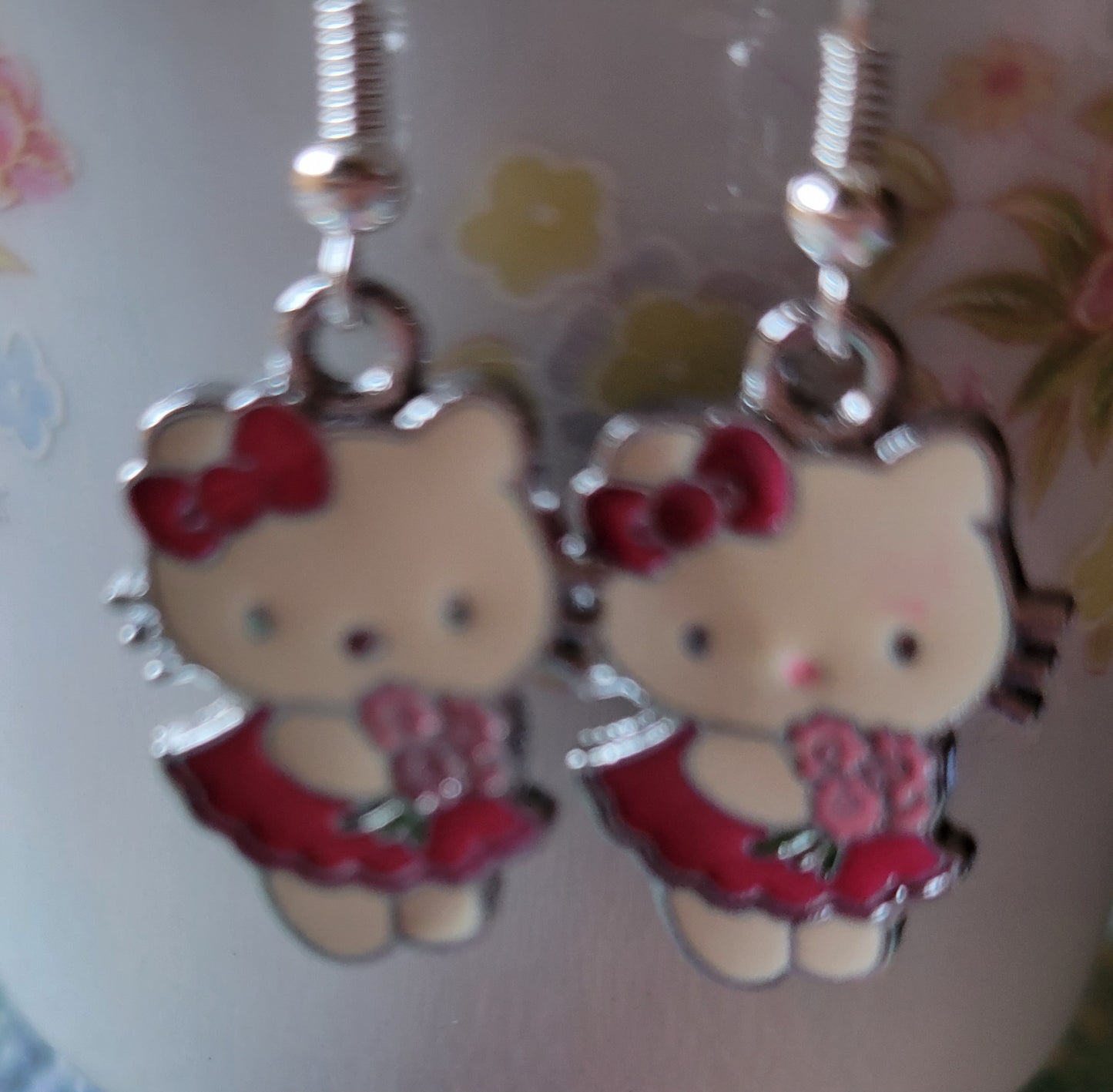 Hello Kitty Pierced Dangle Earrings  Burgundy Dress And Flowers