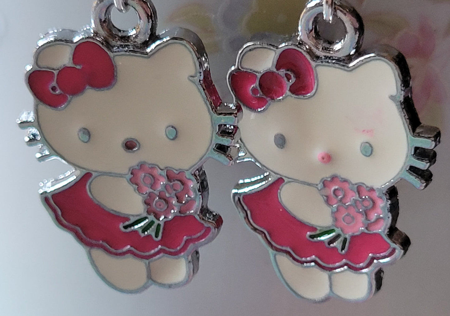Hello Kitty Pierced Dangle Earrings  Burgundy Dress And Flowers