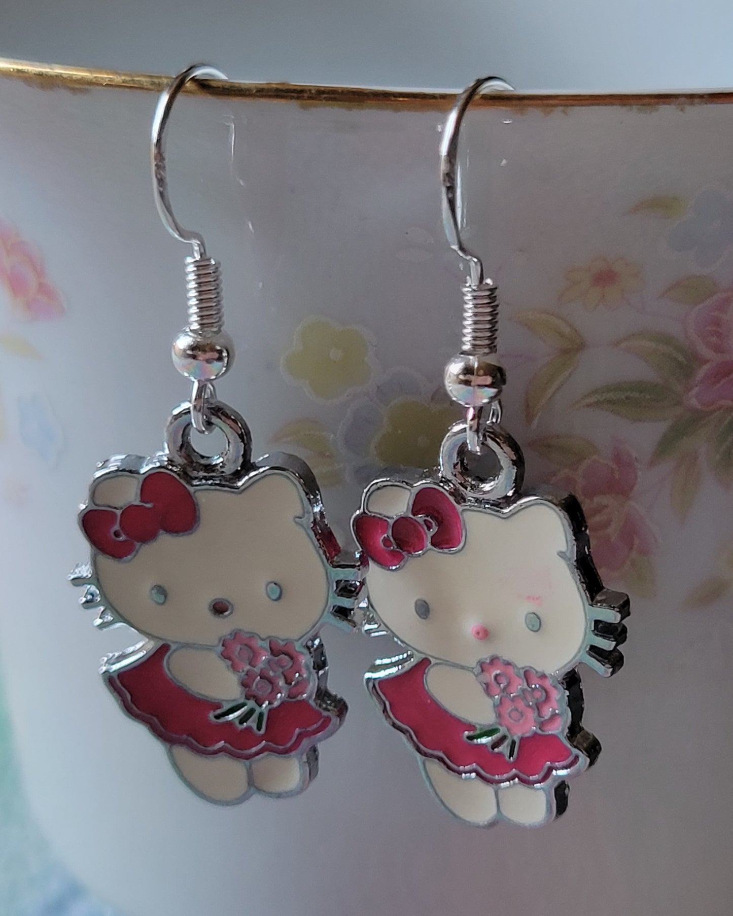 Hello Kitty Pierced Dangle Earrings  Burgundy Dress And Flowers